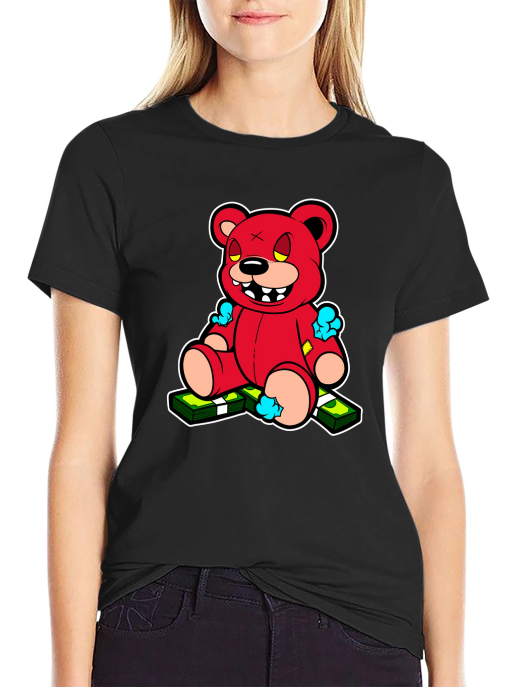 Cartoon Money Bear Black T-Shirt
