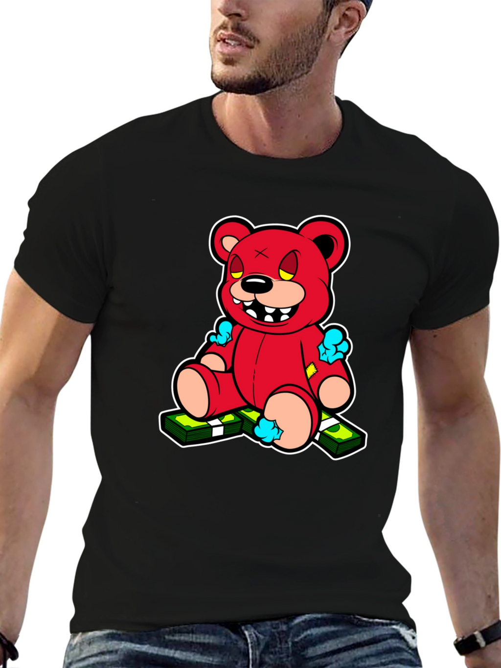 Cartoon Money Bear Black T-Shirt
