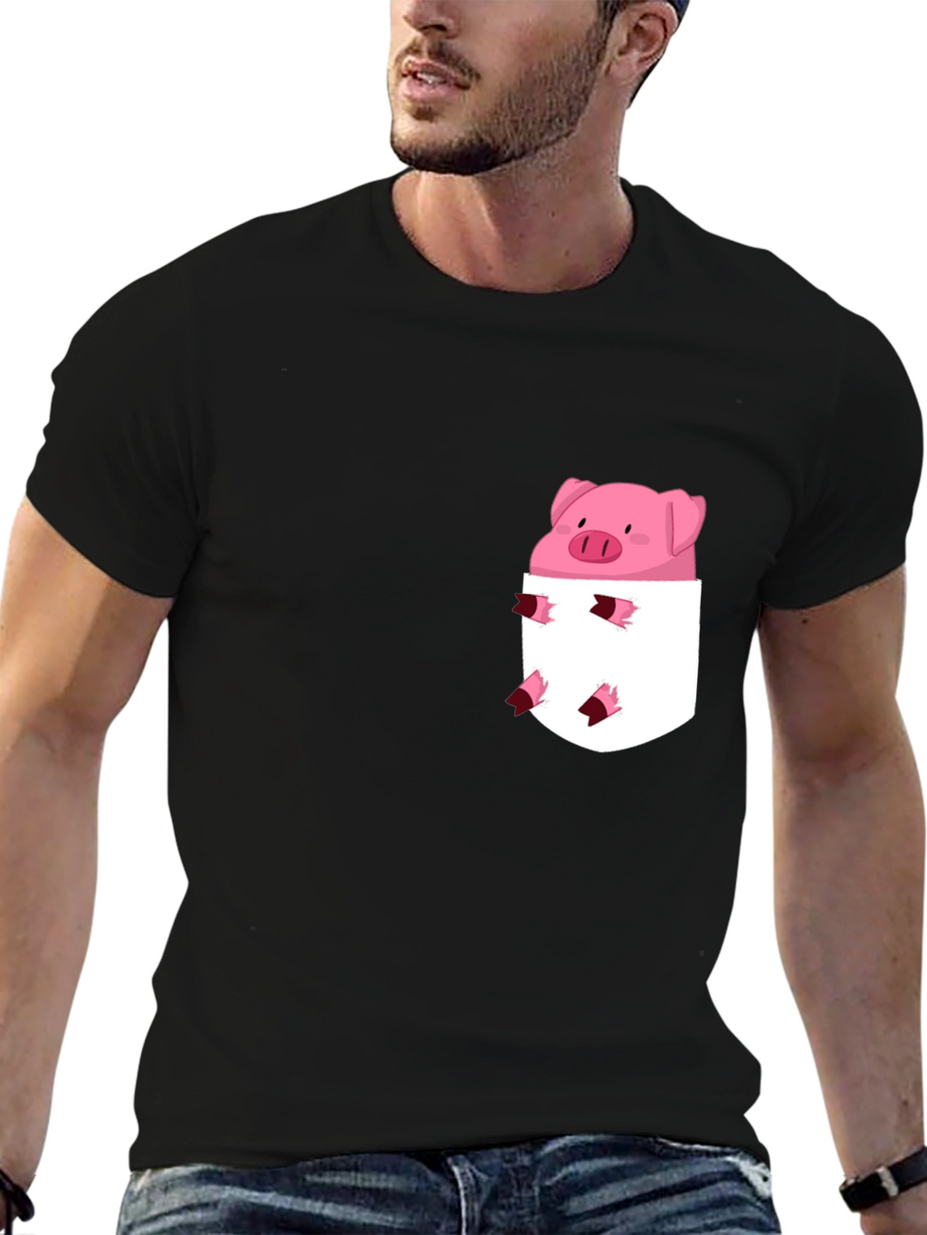 Cute Pig in Pocket Black T-Shirt