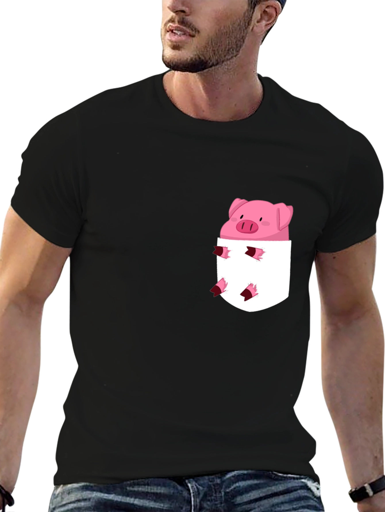 Cute Pig in Pocket Black T-Shirt