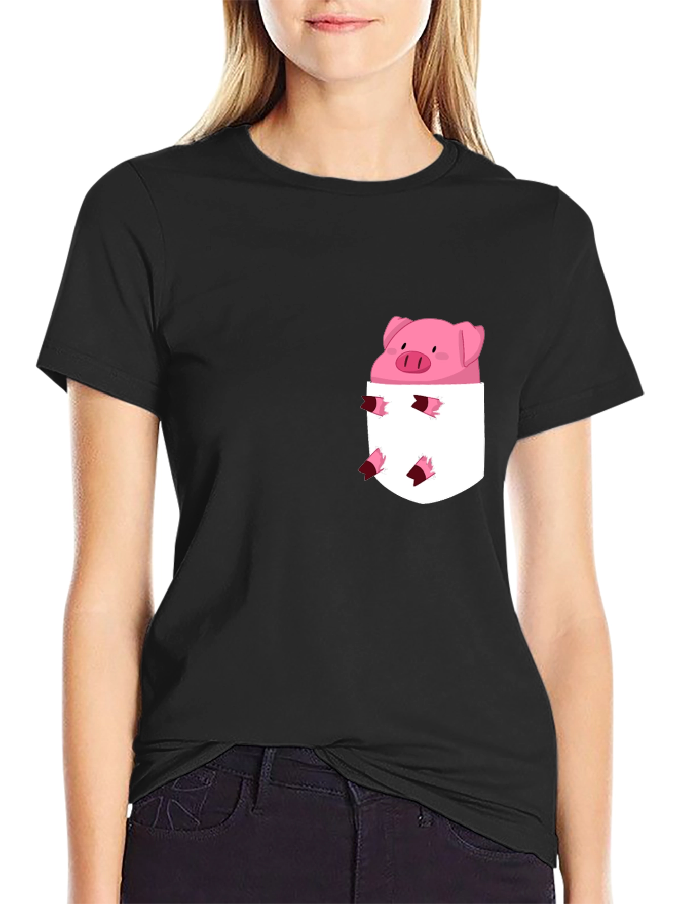 Cute Pig in Pocket Black T-Shirt