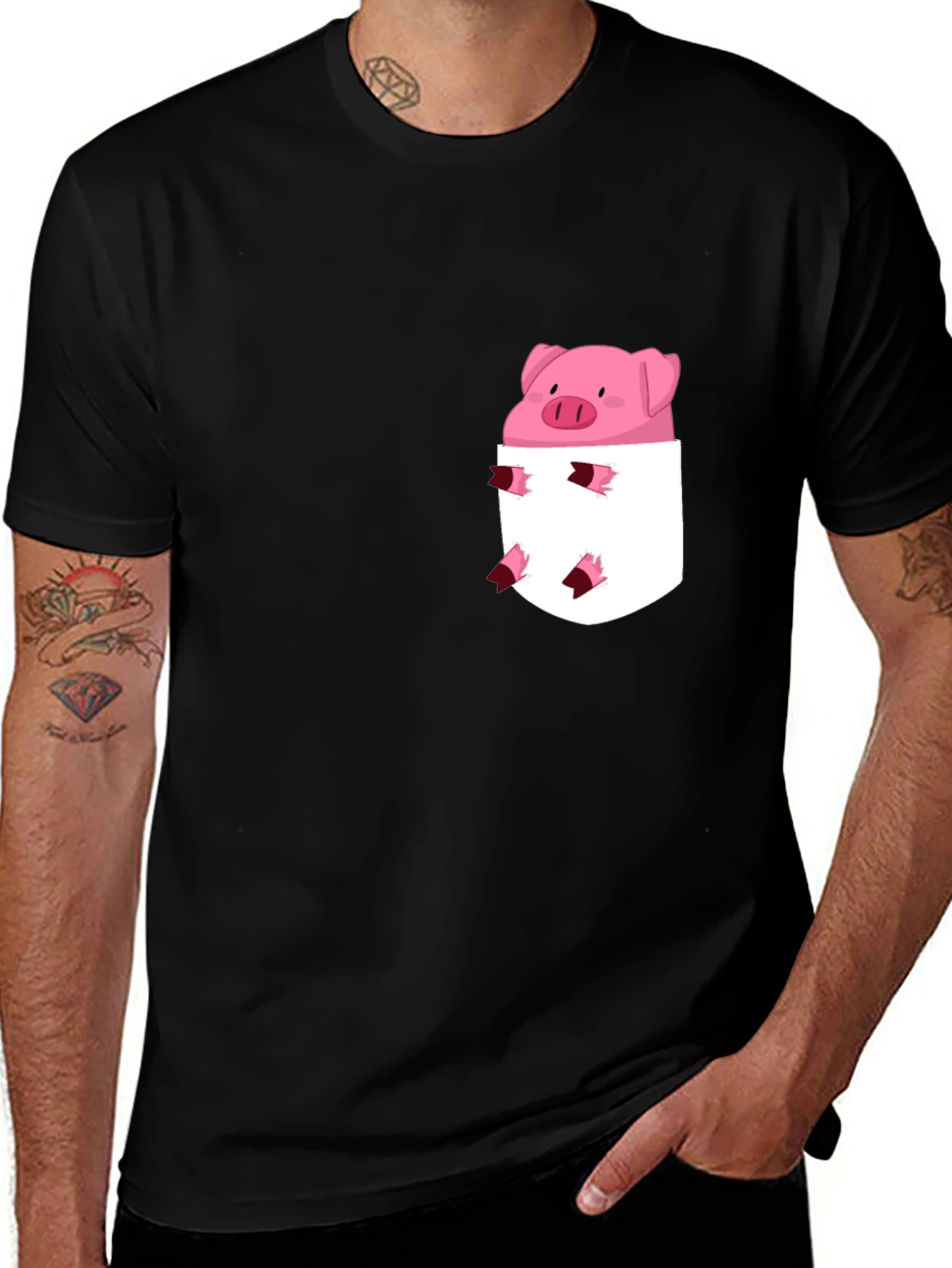 Cute Pig in Pocket Black T-Shirt