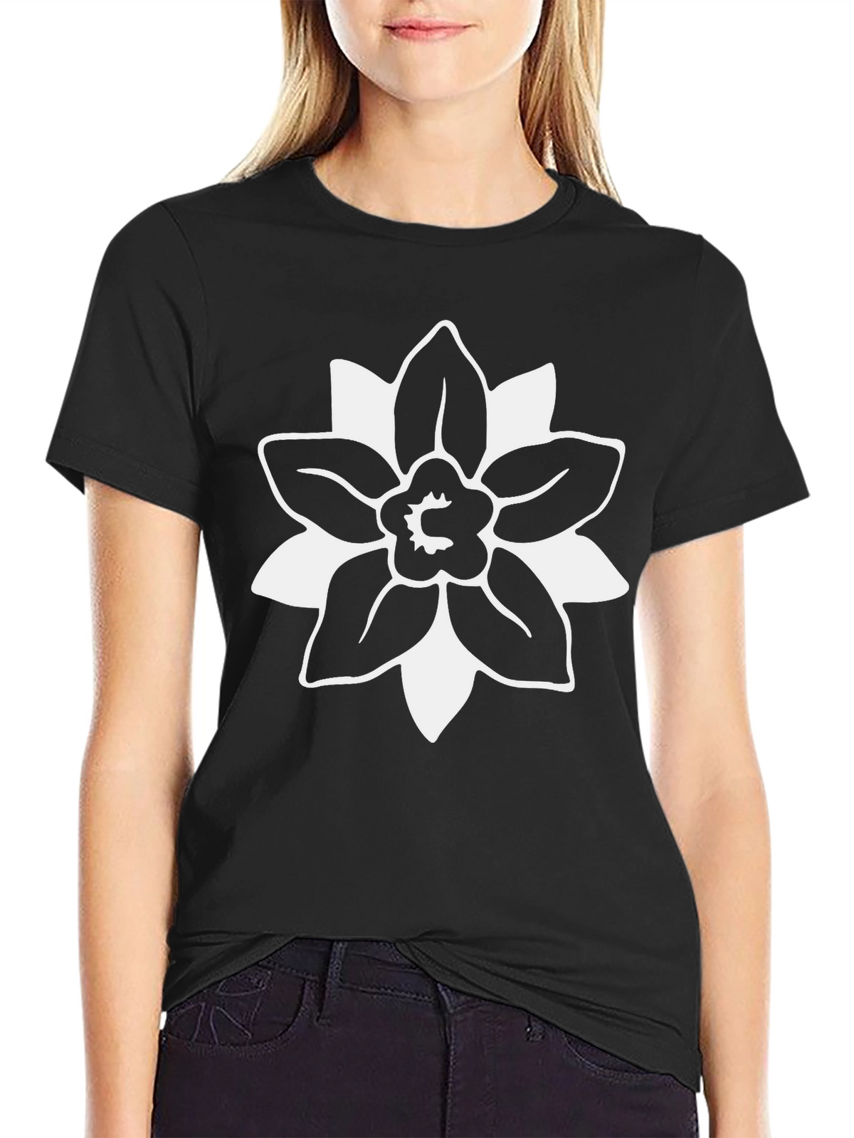 Black T-Shirt with White Floral Graphic