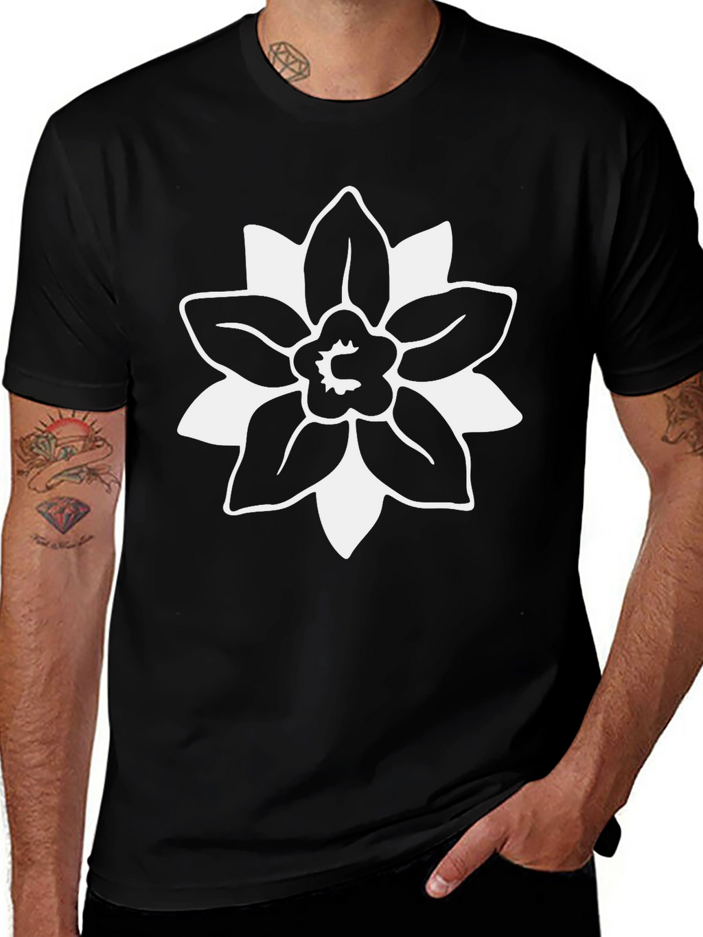 Black T-Shirt with White Floral Graphic