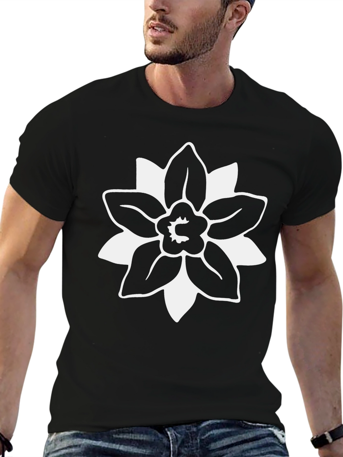 Black T-Shirt with White Floral Graphic