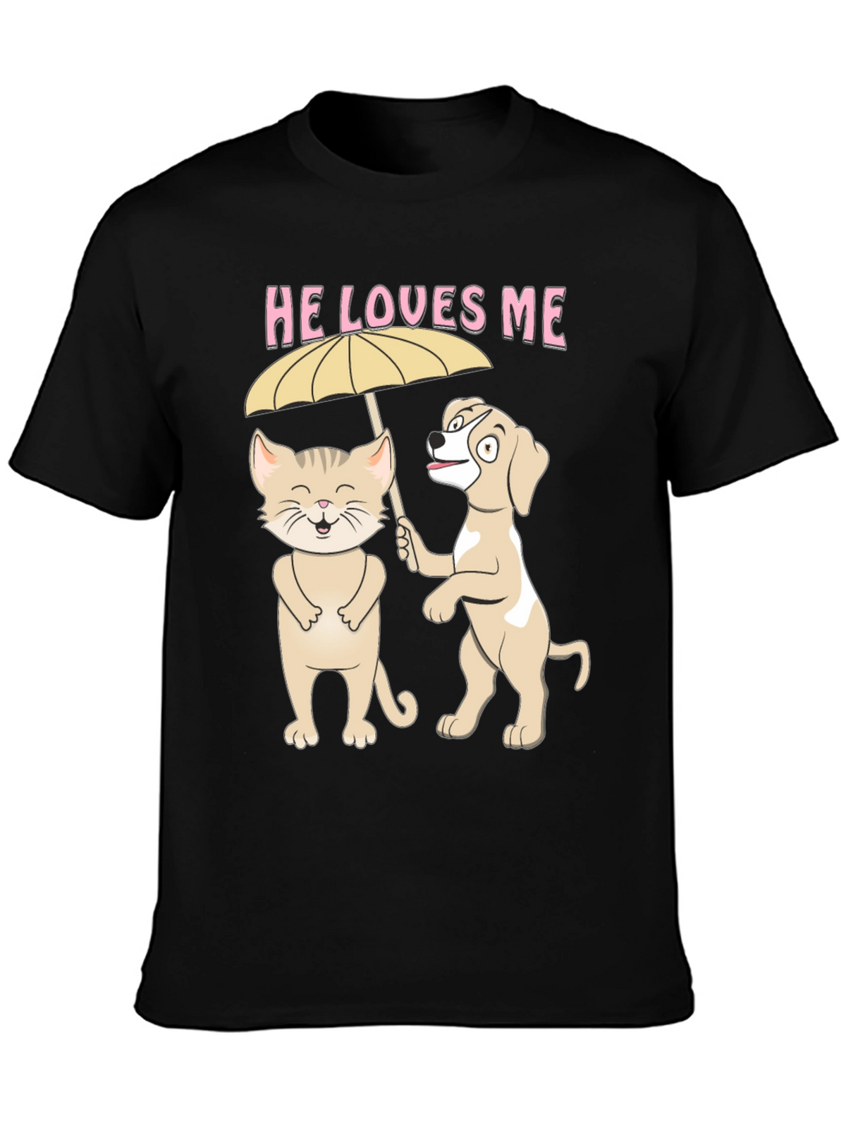 He Loves Me Graphic Tee: Cat and Dog Umbrella