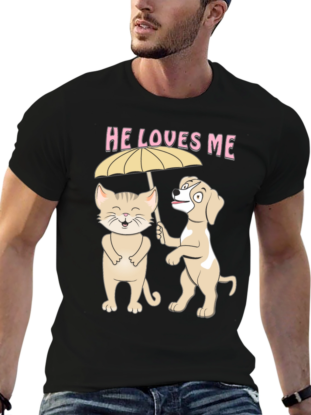 He Loves Me Graphic Tee: Cat and Dog Umbrella