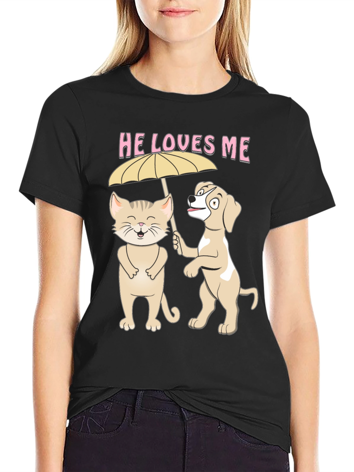 He Loves Me Graphic Tee: Cat and Dog Umbrella