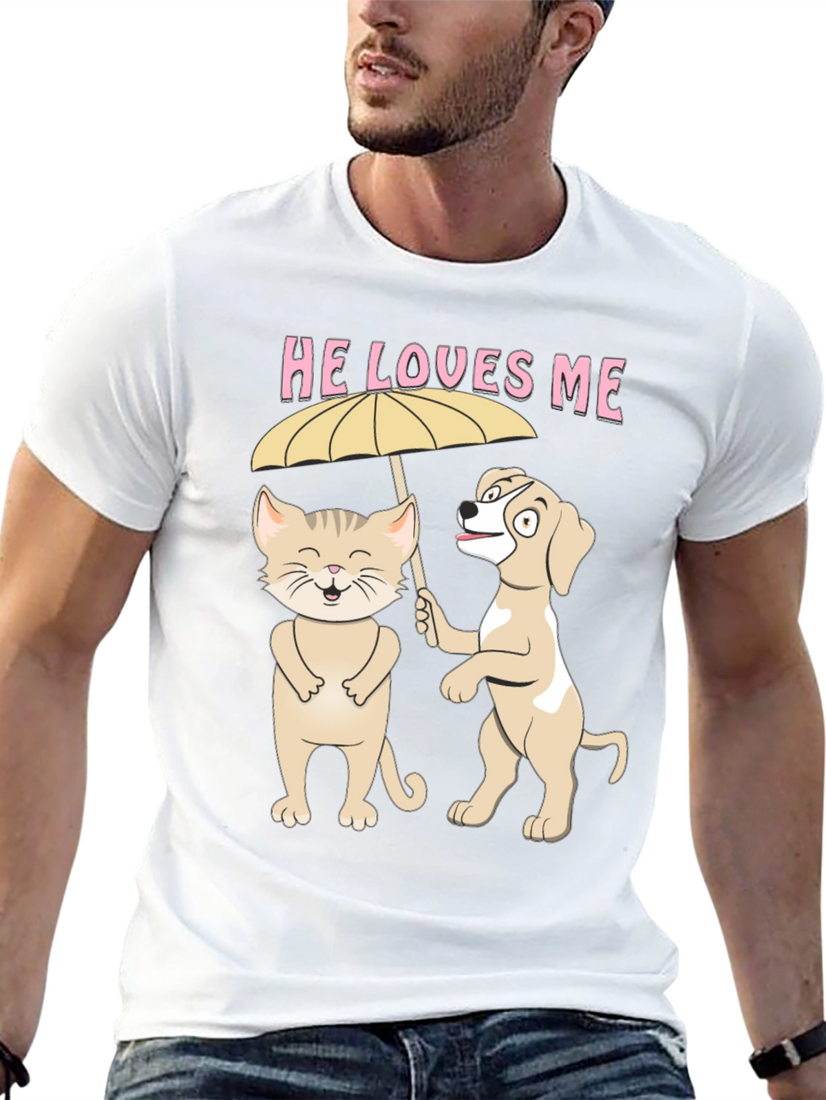 He Loves Me Graphic Tee: Cat and Dog Umbrella