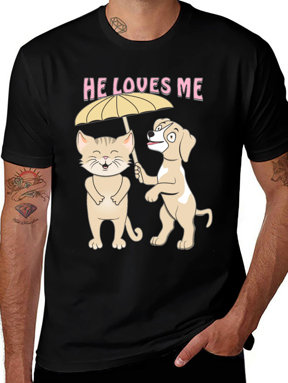 He Loves Me Graphic Tee: Cat and Dog Umbrella