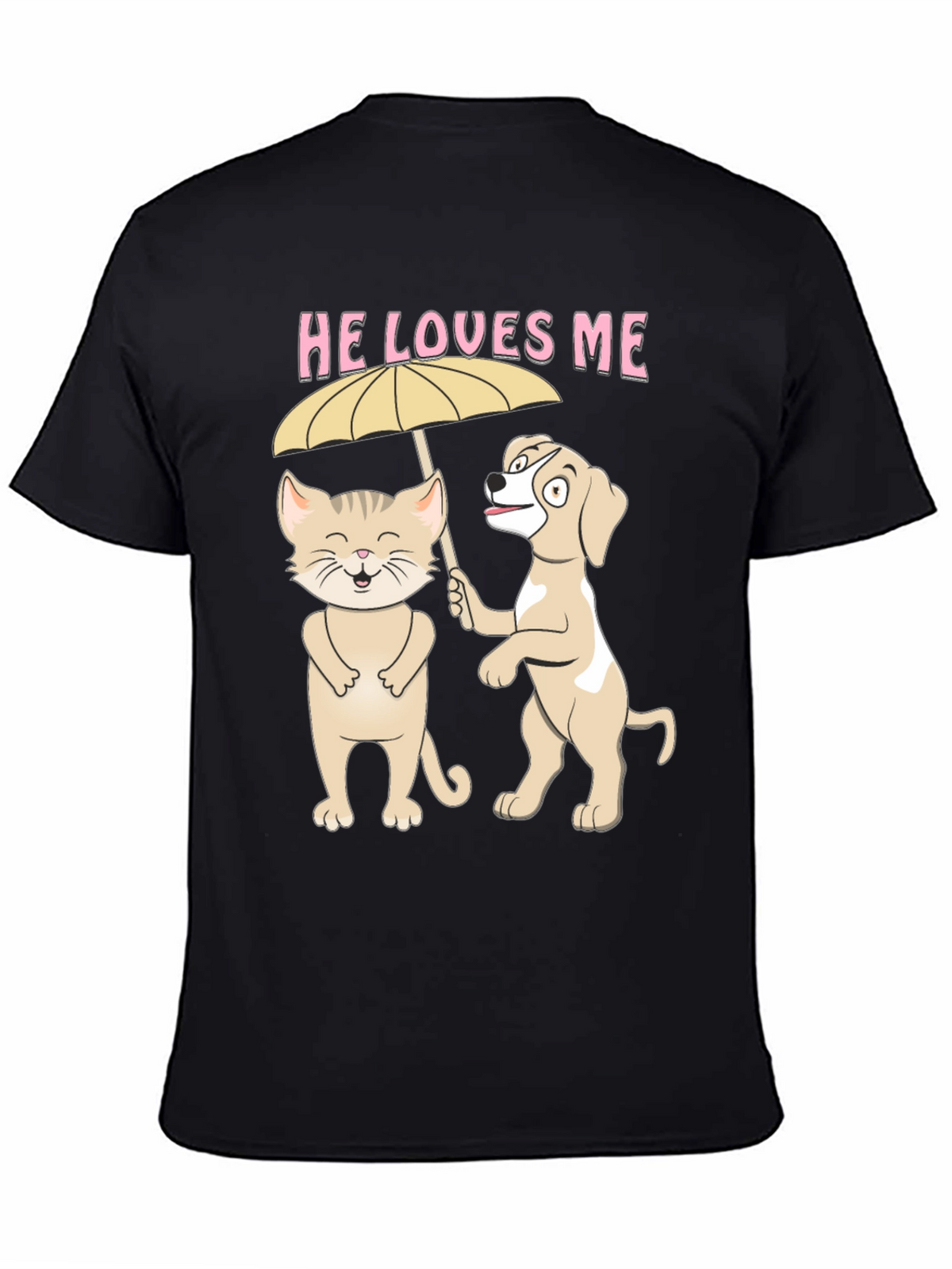 He Loves Me Graphic Tee: Cat and Dog Umbrella