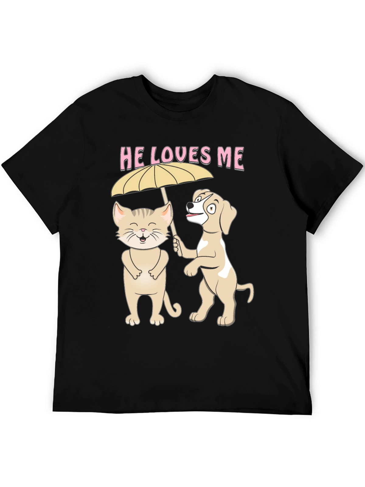 He Loves Me Graphic Tee: Cat and Dog Umbrella
