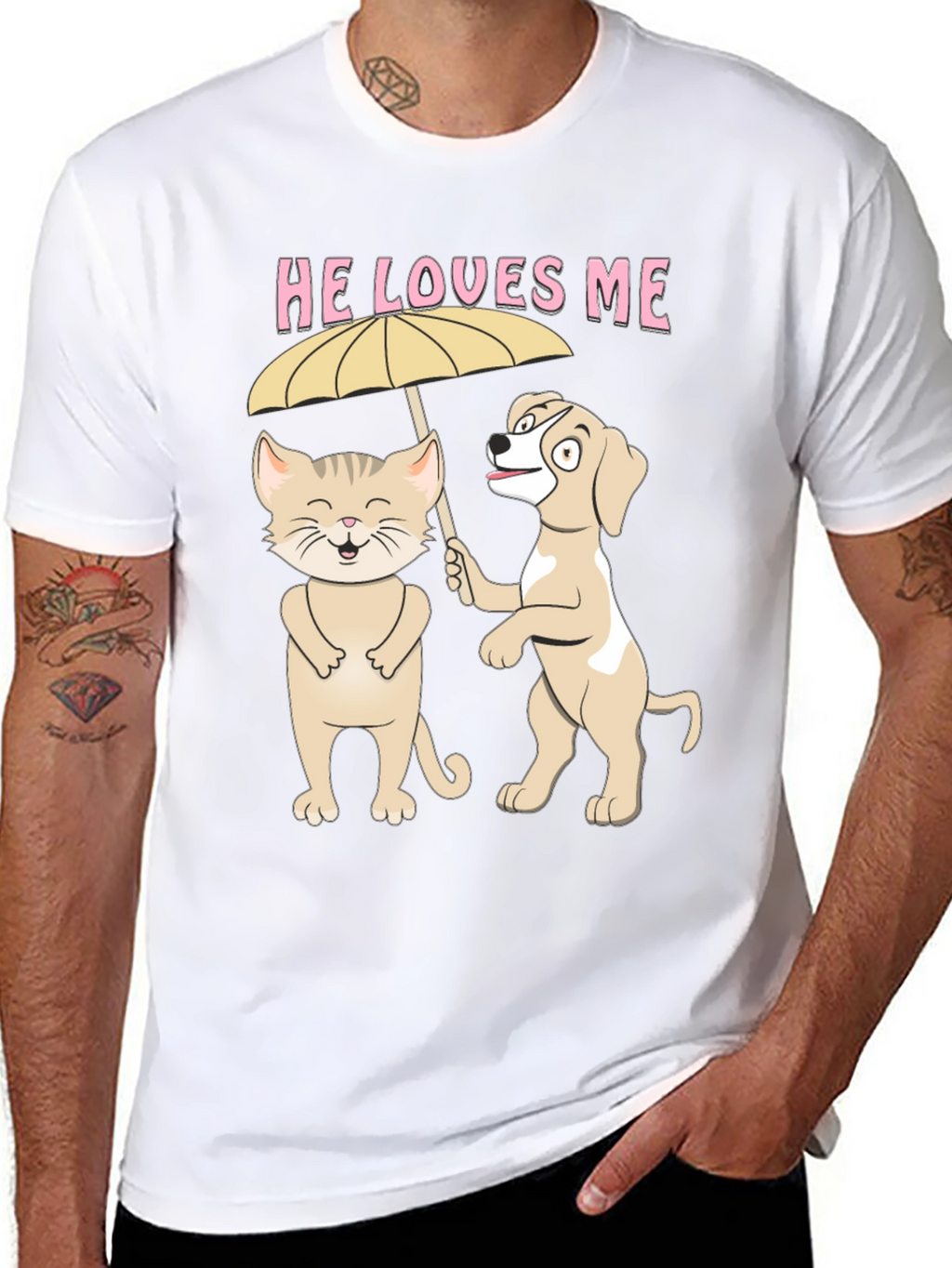 He Loves Me Graphic Tee: Cat and Dog Umbrella
