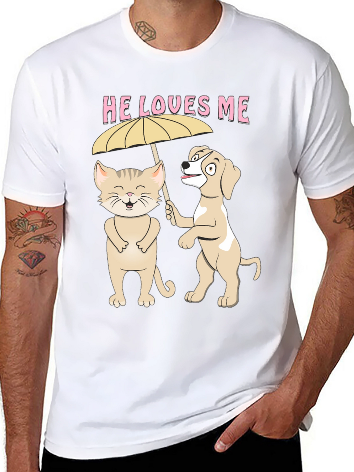 He Loves Me Graphic Tee: Cat and Dog Umbrella