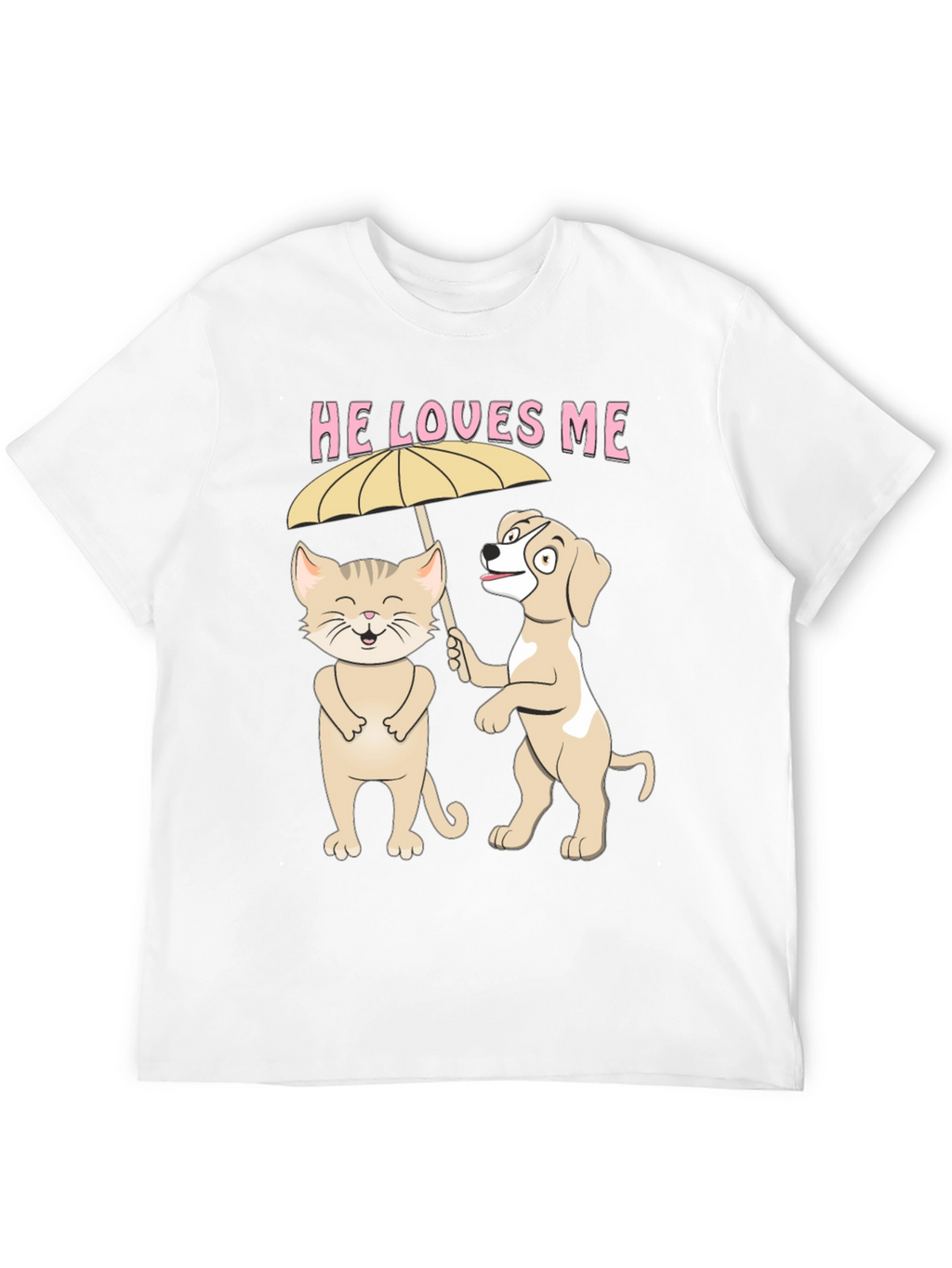 He Loves Me Graphic Tee: Cat and Dog Umbrella