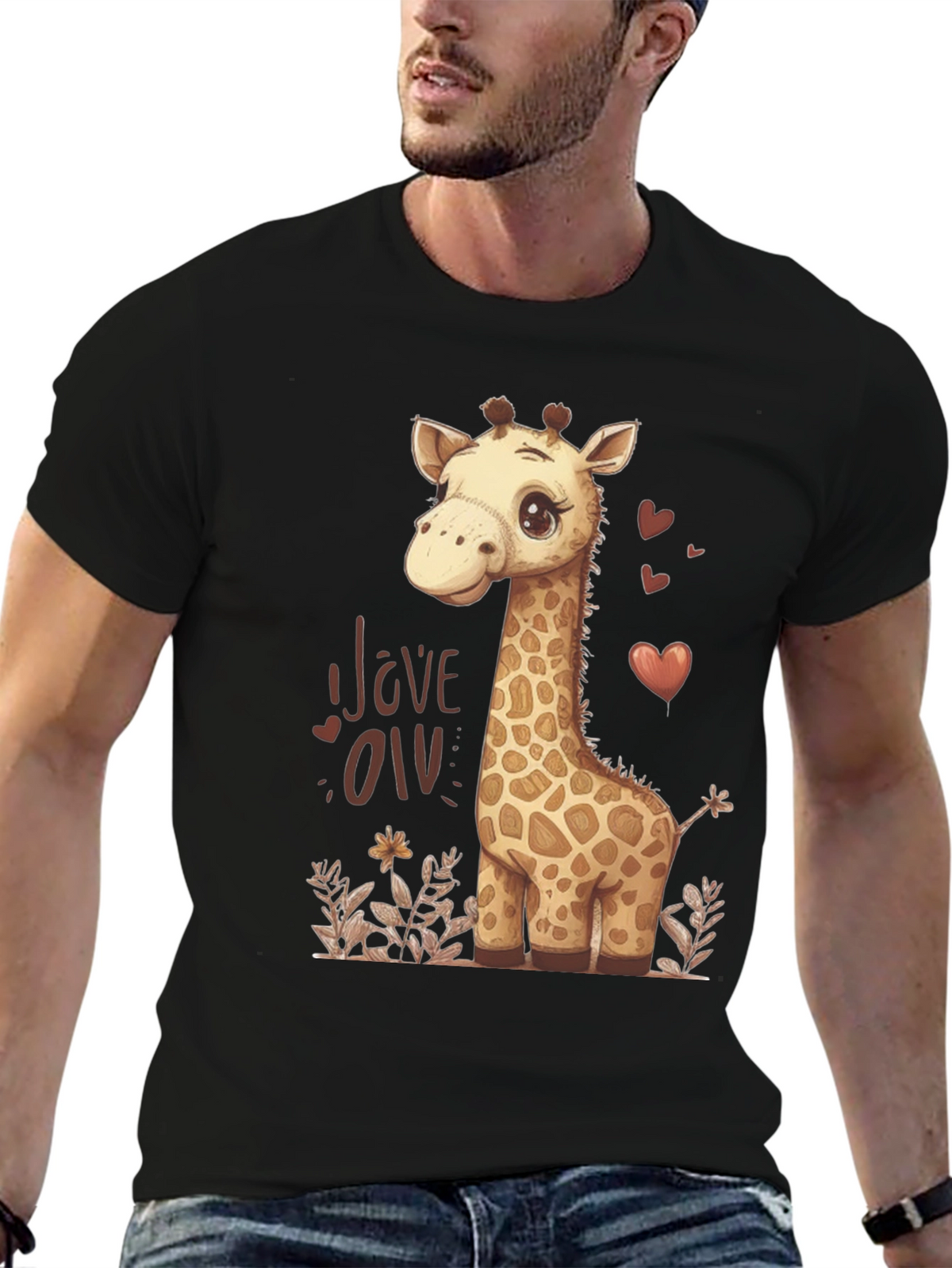 Cute Giraffe Love Graphic T-Shirt - Black