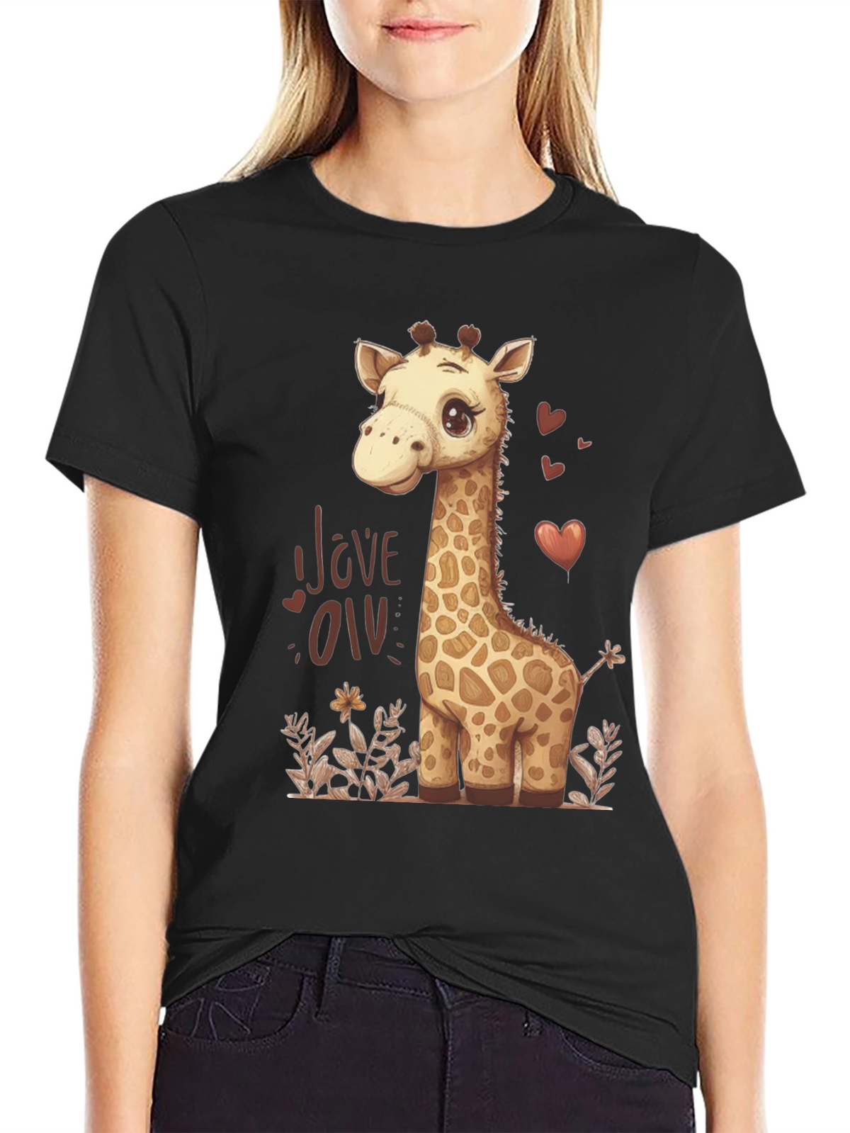 Cute Giraffe Love Graphic T-Shirt - Black
