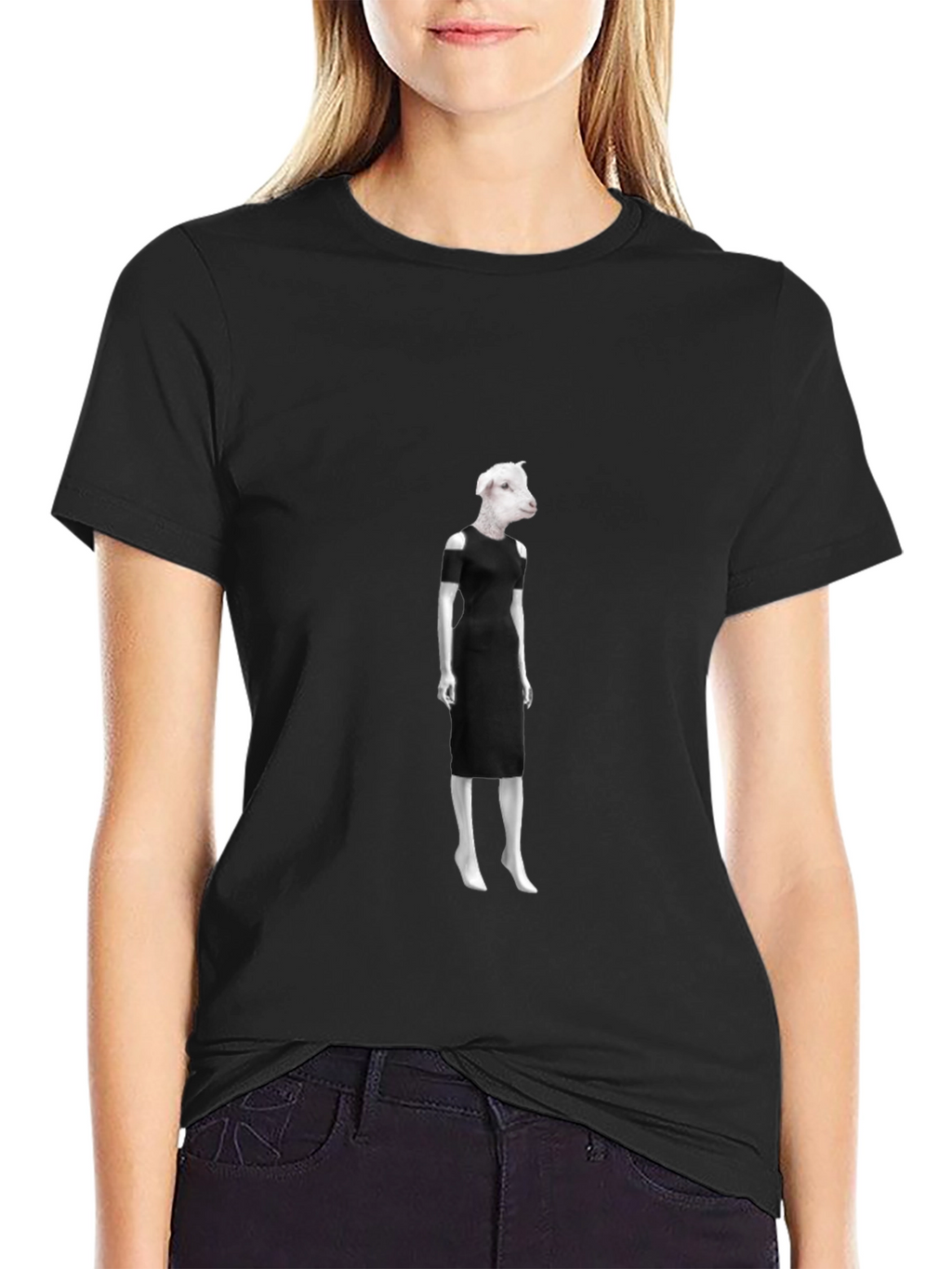 Novelty Sheep in Dress Graphic Black T-Shirt