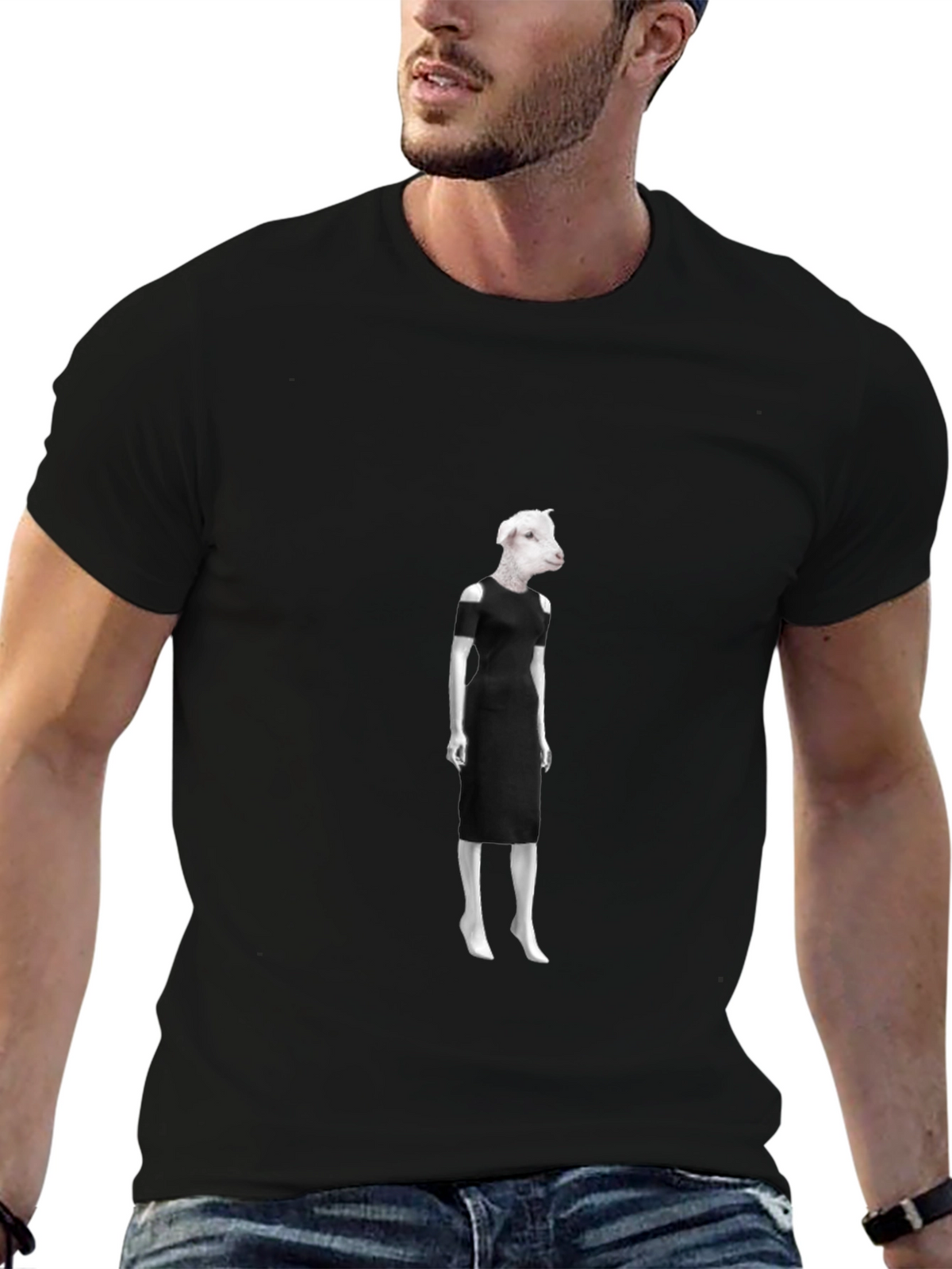 Novelty Sheep in Dress Graphic Black T-Shirt