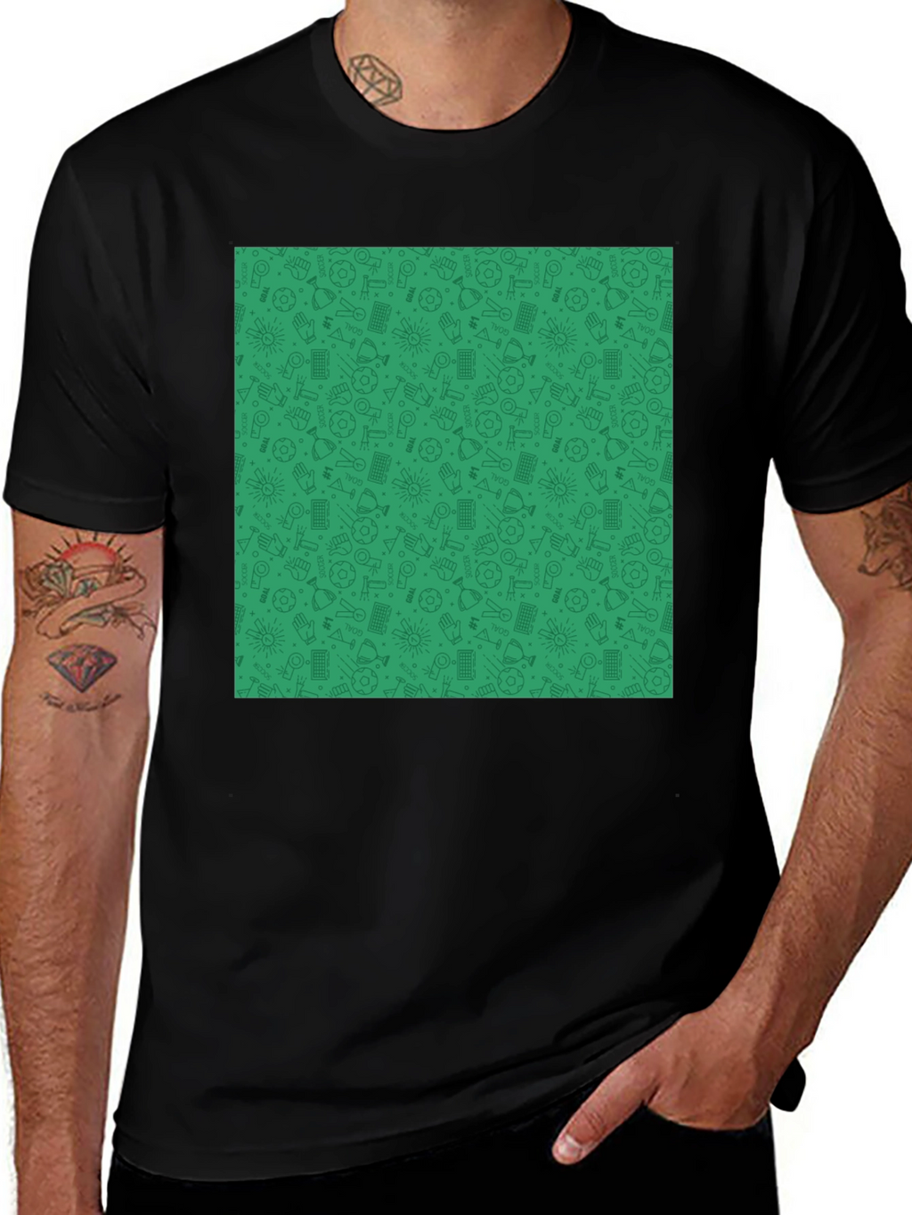 Unique Green Pattern Black Crewneck T-Shirt