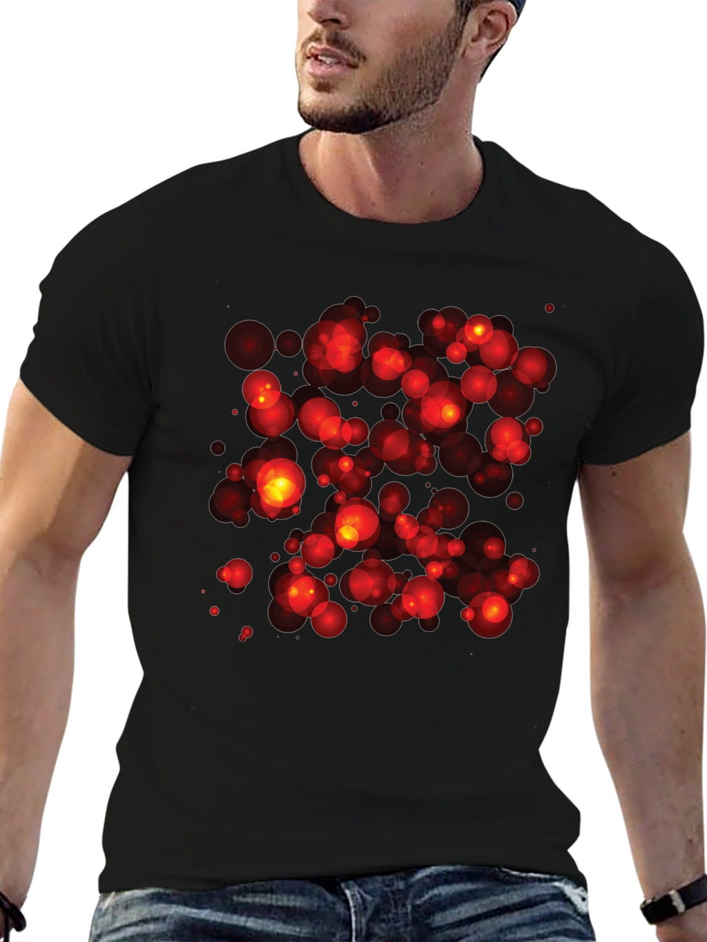 Abstract Red Bubbles Graphic Print Black T-Shirt