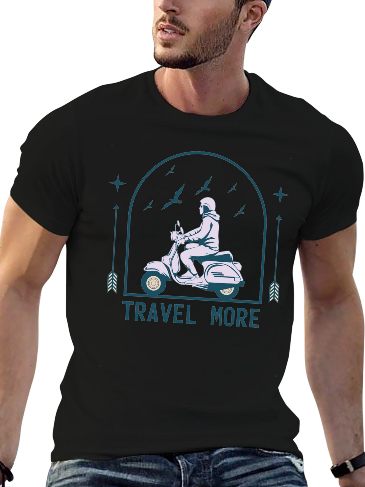 Travel More Black T-Shirt - Scooter Design