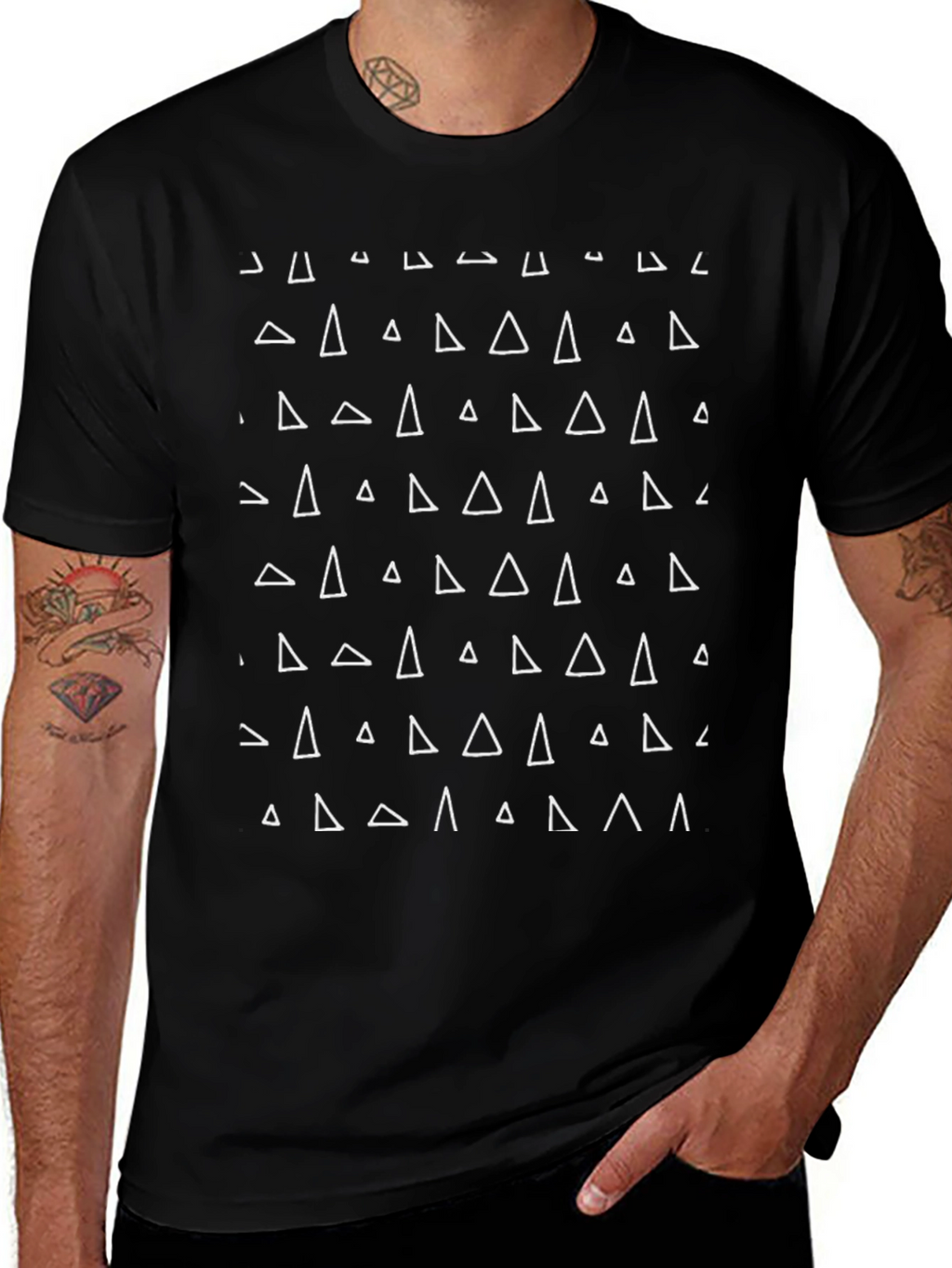 Modern Geometric Triangle Pattern Black T-Shirt