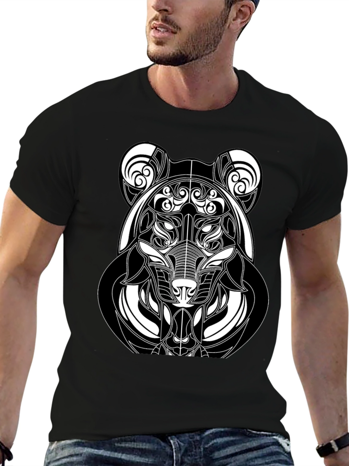 Abstract Bear Graphic T-Shirt - Black