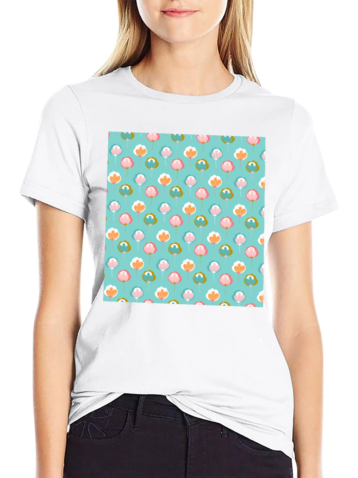 Floral Print T-Shirt - Soft Blue Background