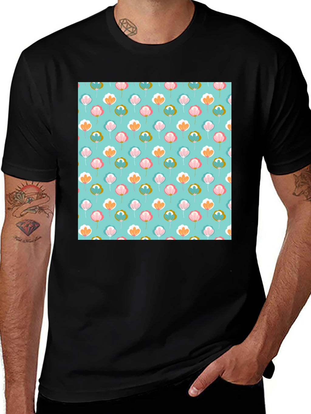 Floral Print T-Shirt - Soft Blue Background