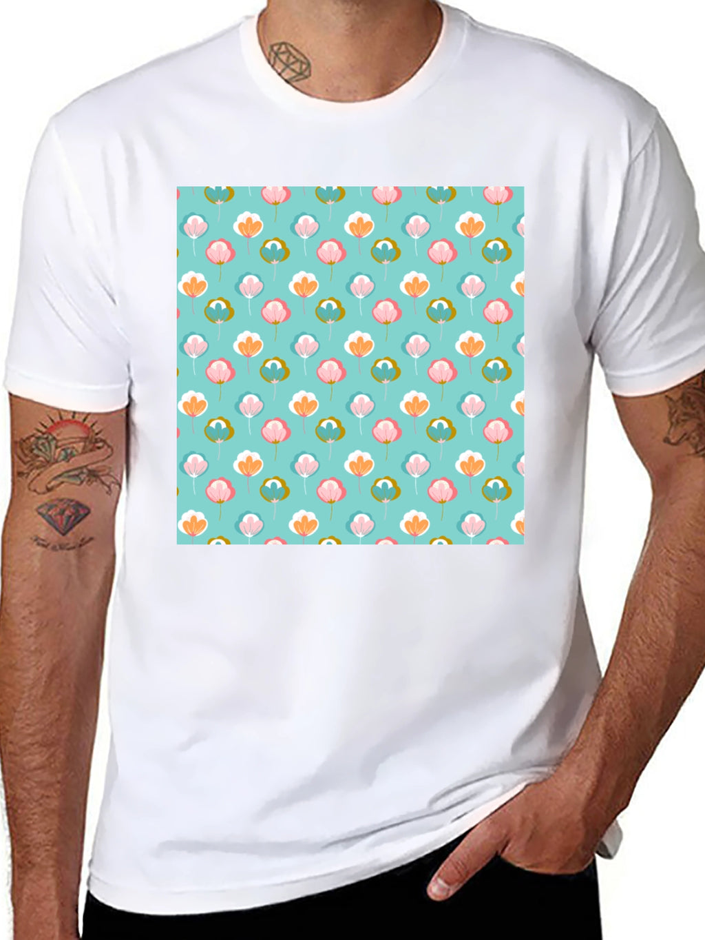 Floral Print T-Shirt - Soft Blue Background