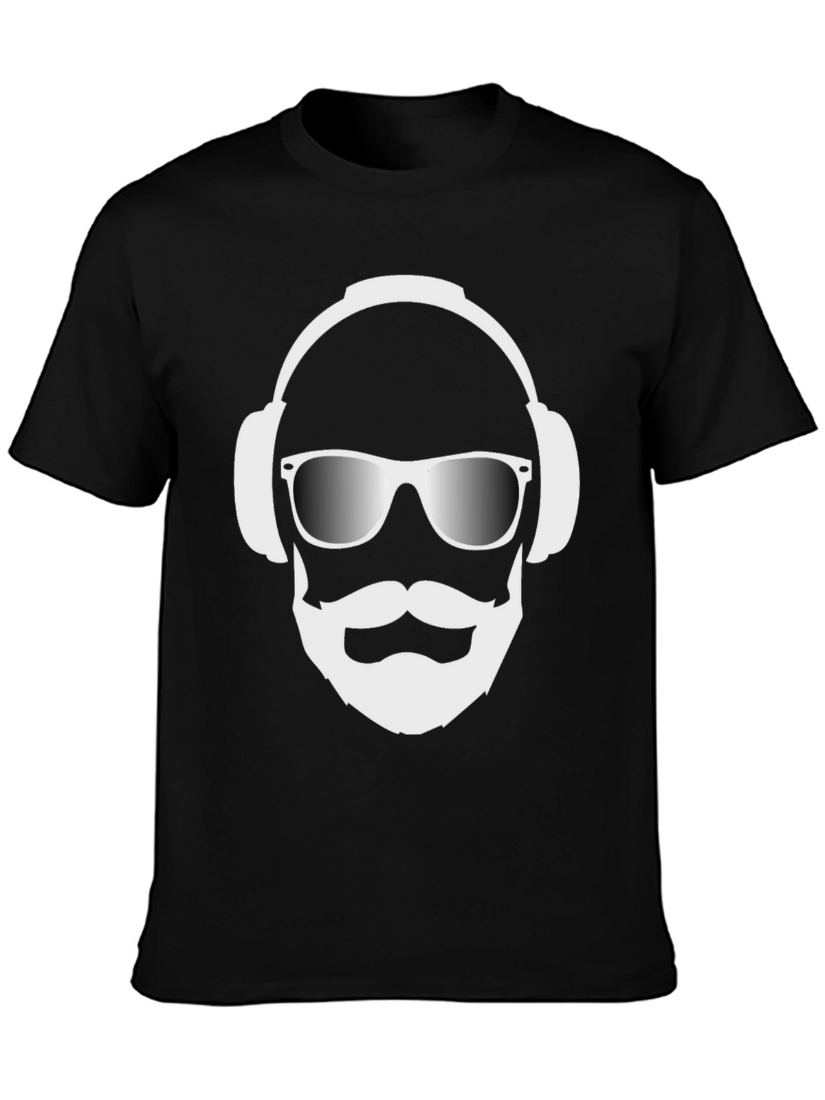 Cool Dude Black T-Shirt with Headphones and Beard Graphic