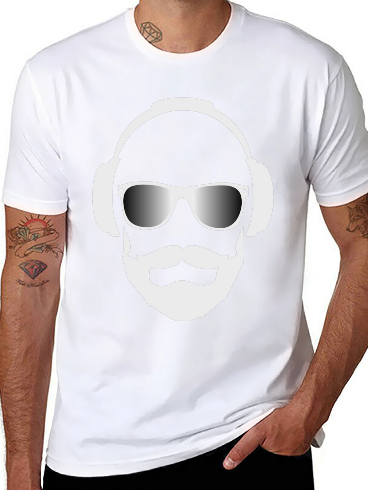 Cool Dude Black T-Shirt with Headphones and Beard Graphic