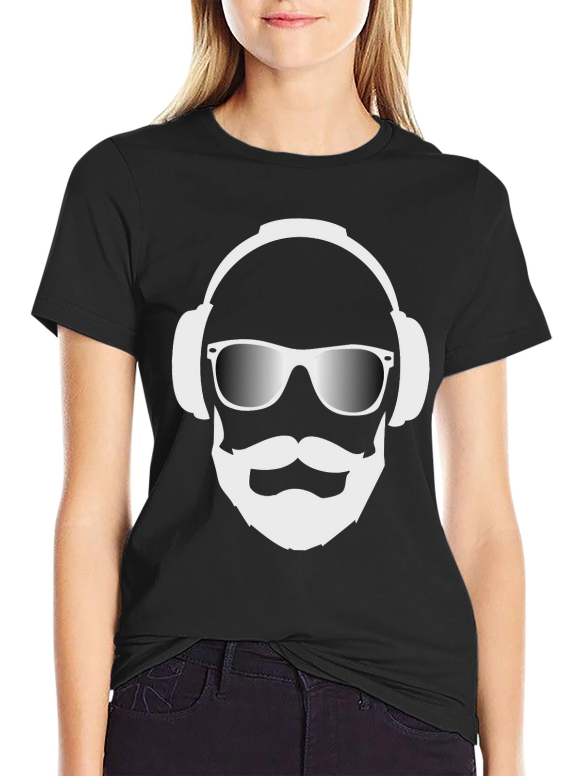 Cool Dude Black T-Shirt with Headphones and Beard Graphic