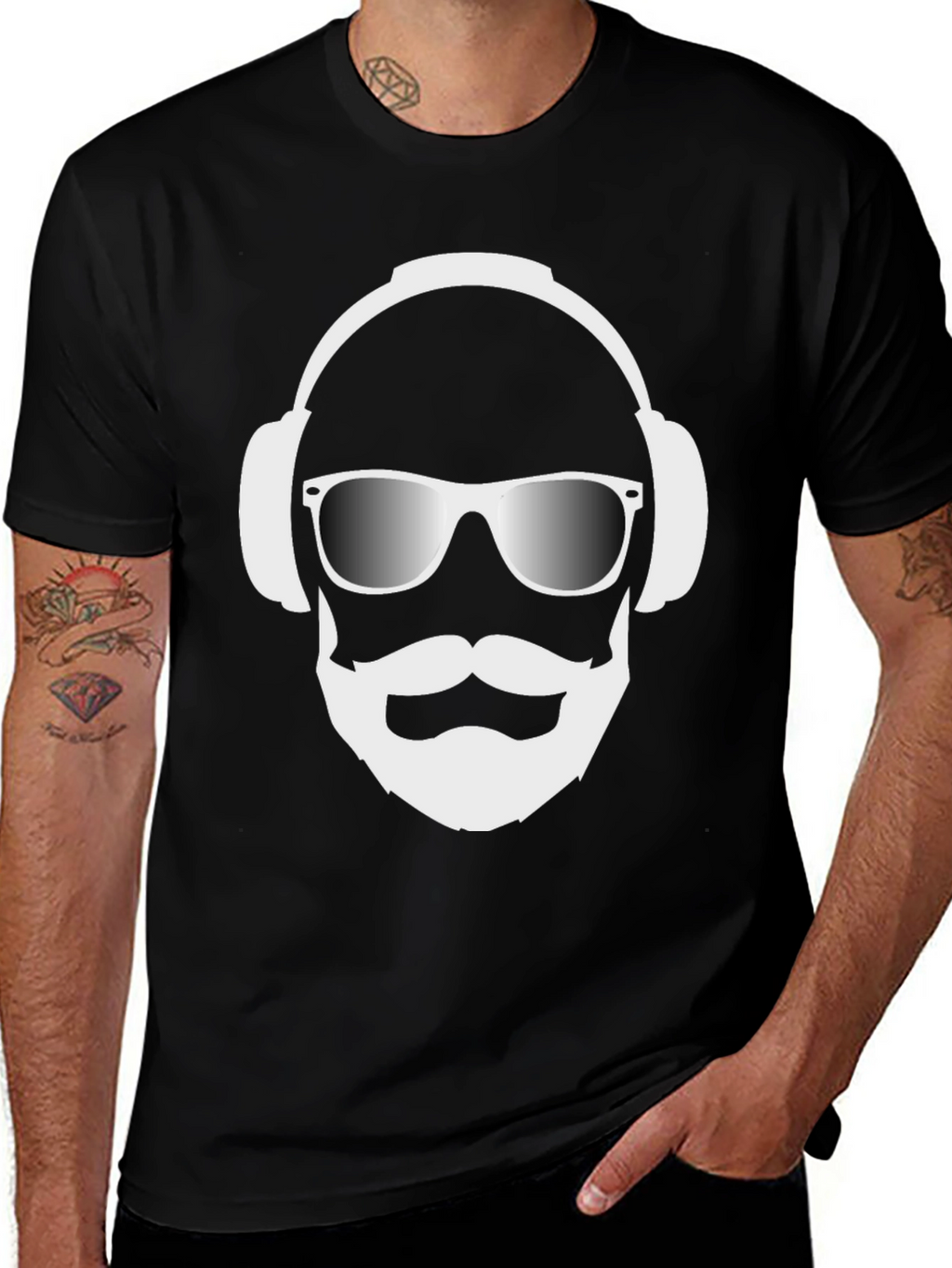 Cool Dude Black T-Shirt with Headphones and Beard Graphic