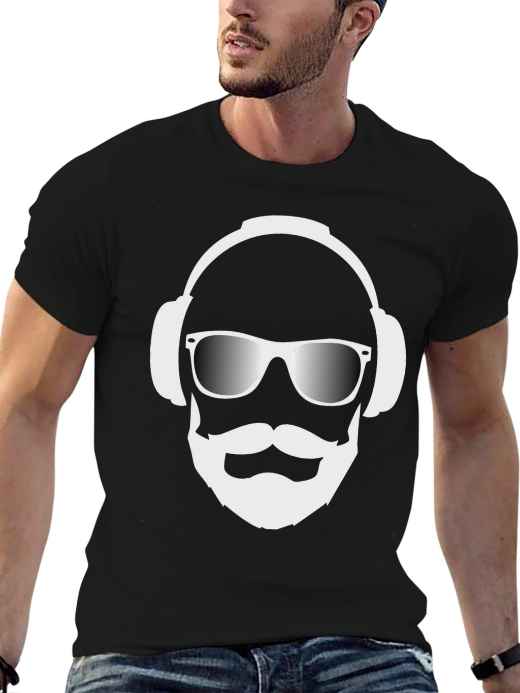 Cool Dude Black T-Shirt with Headphones and Beard Graphic