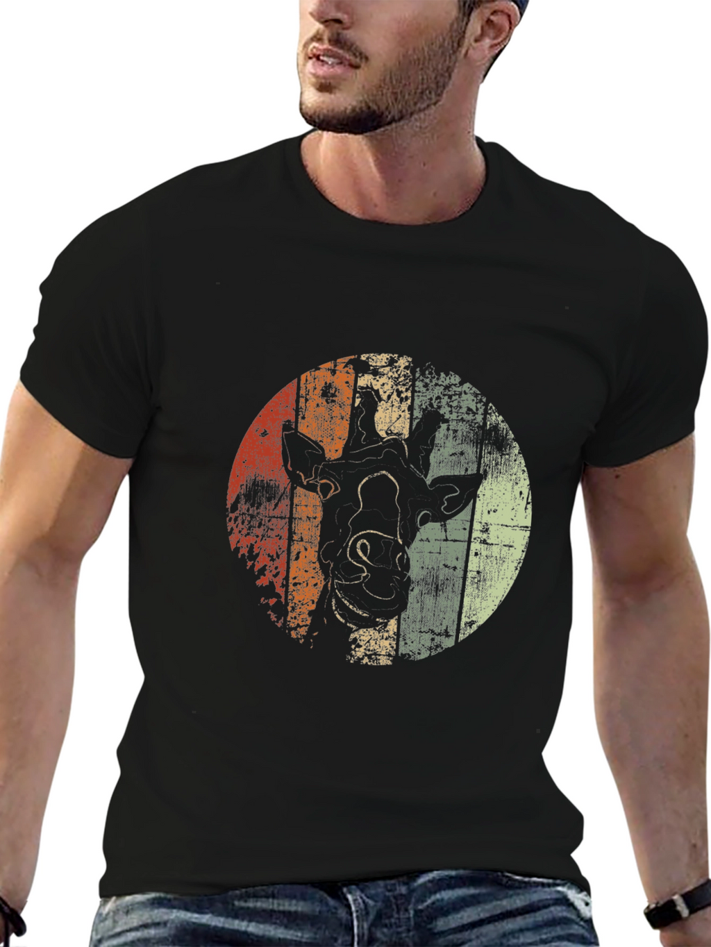 Retro Giraffe Graphic Tee - Stylish Mens Black T-Shirt