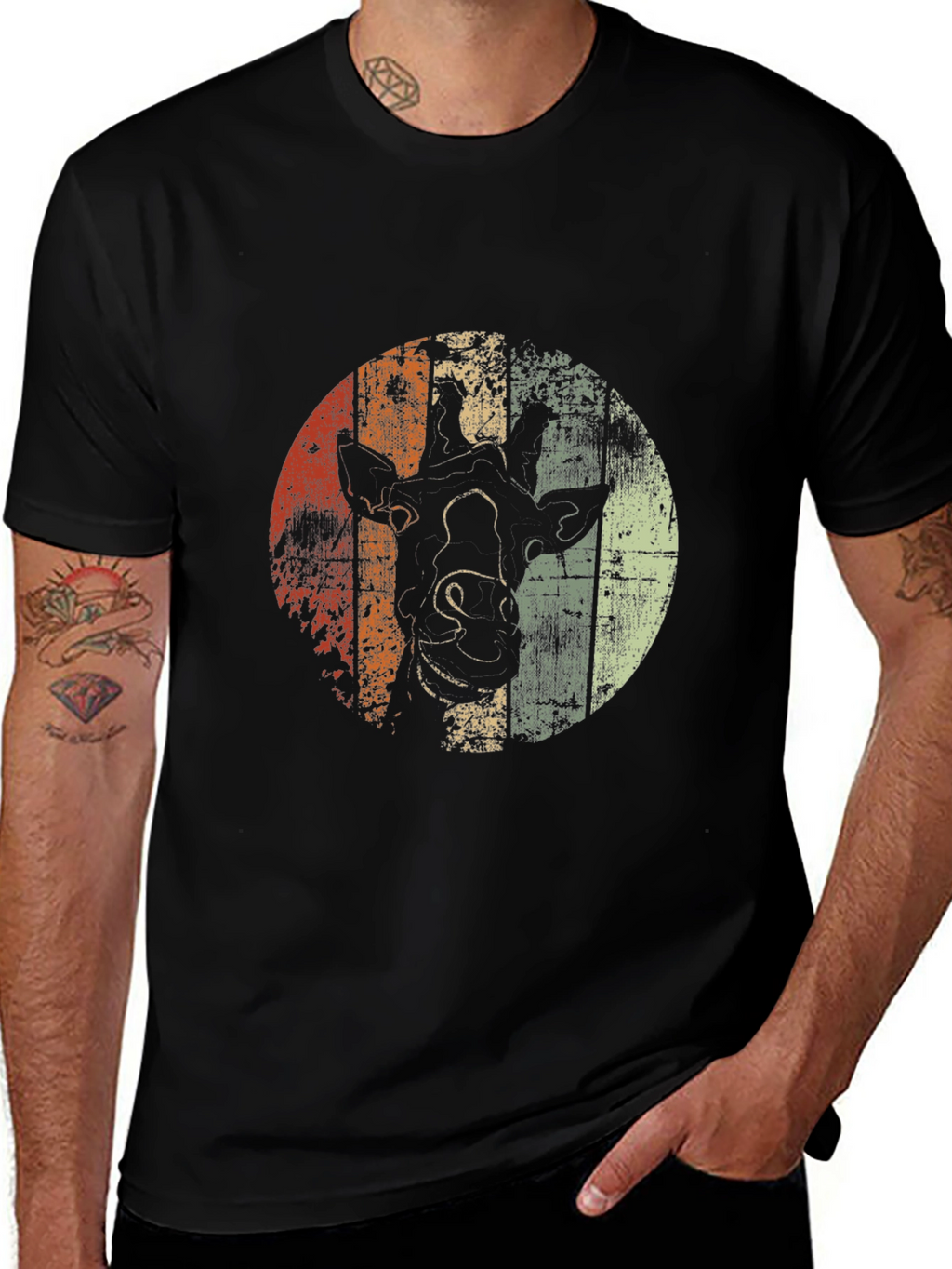 Retro Giraffe Graphic Tee - Stylish Mens Black T-Shirt