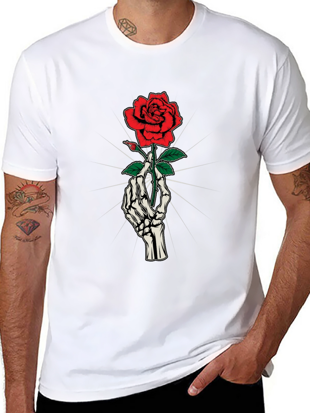 Skeleton Hand Holding Rose Graphic Tee