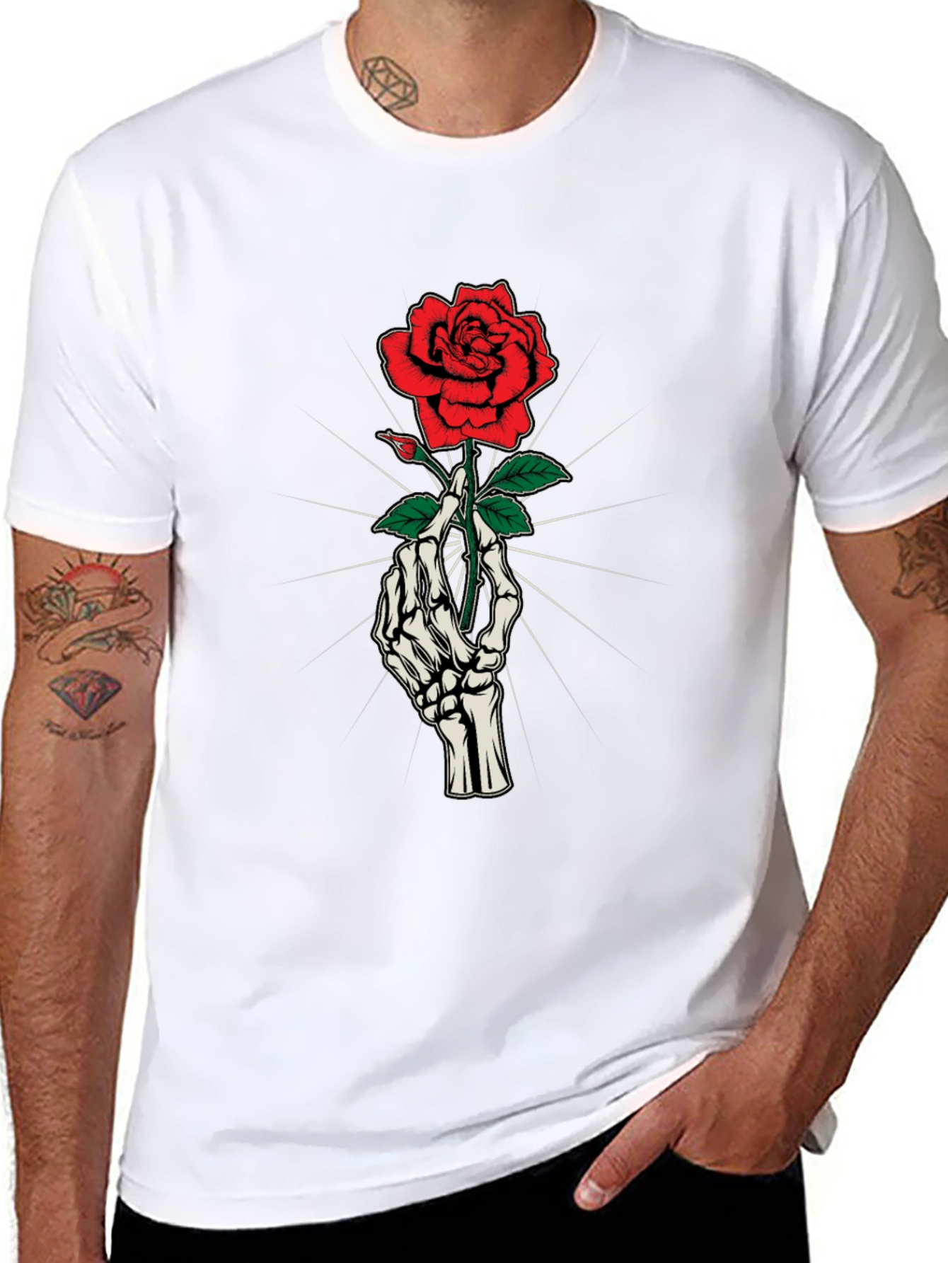Skeleton Hand Holding Rose Graphic Tee