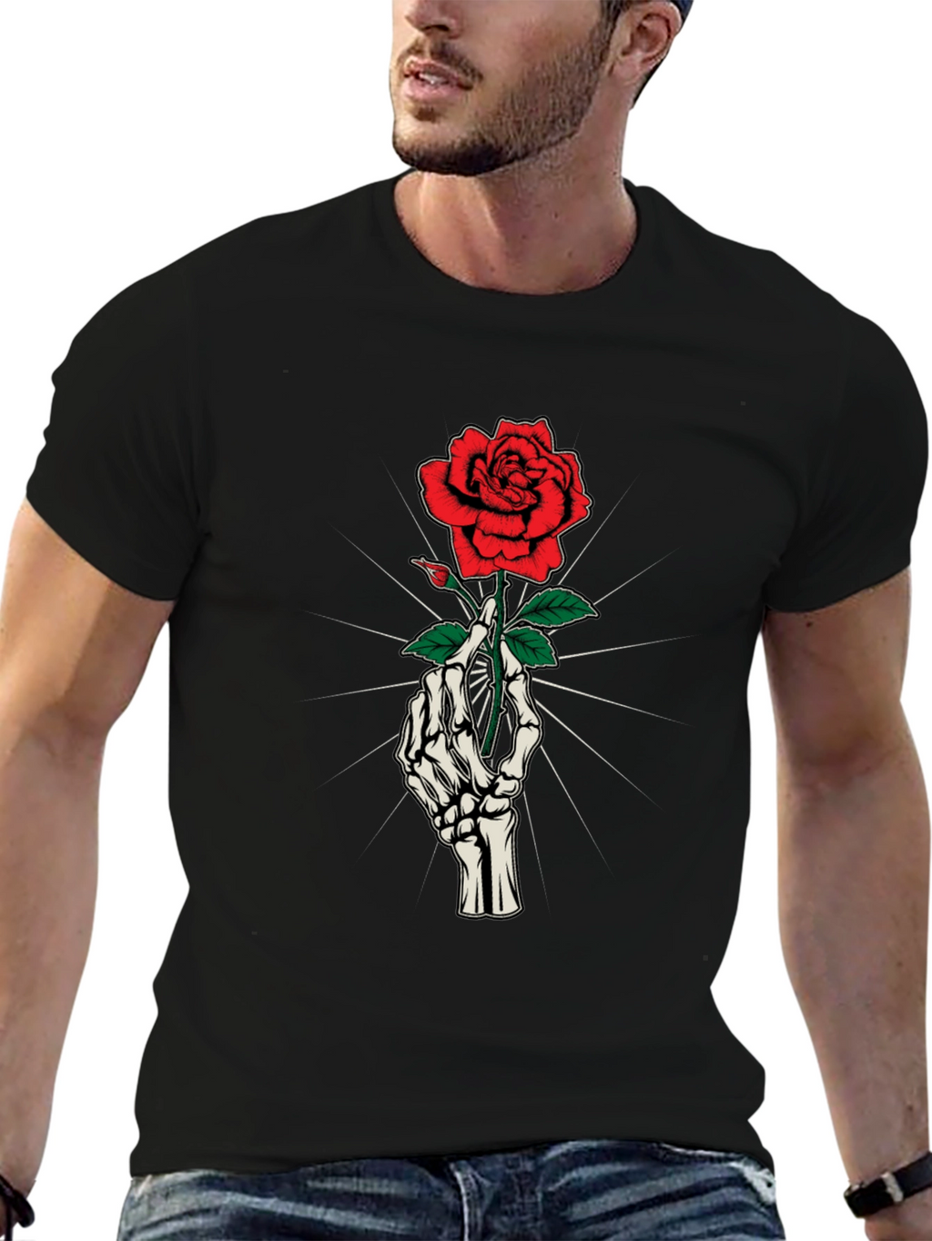 Skeleton Hand Holding Rose Graphic Tee