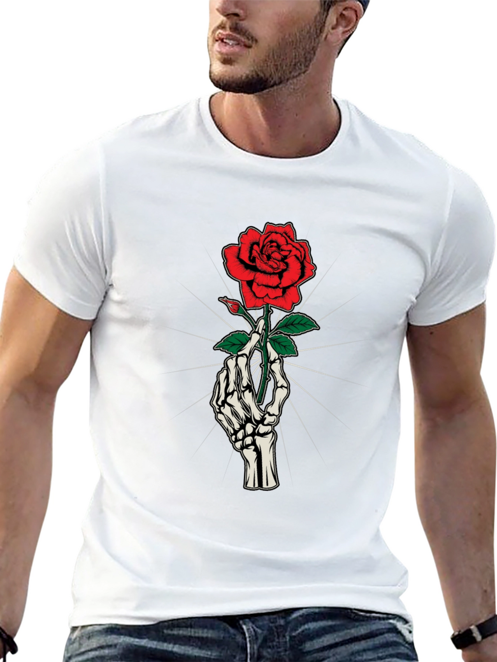Skeleton Hand Holding Rose Graphic Tee