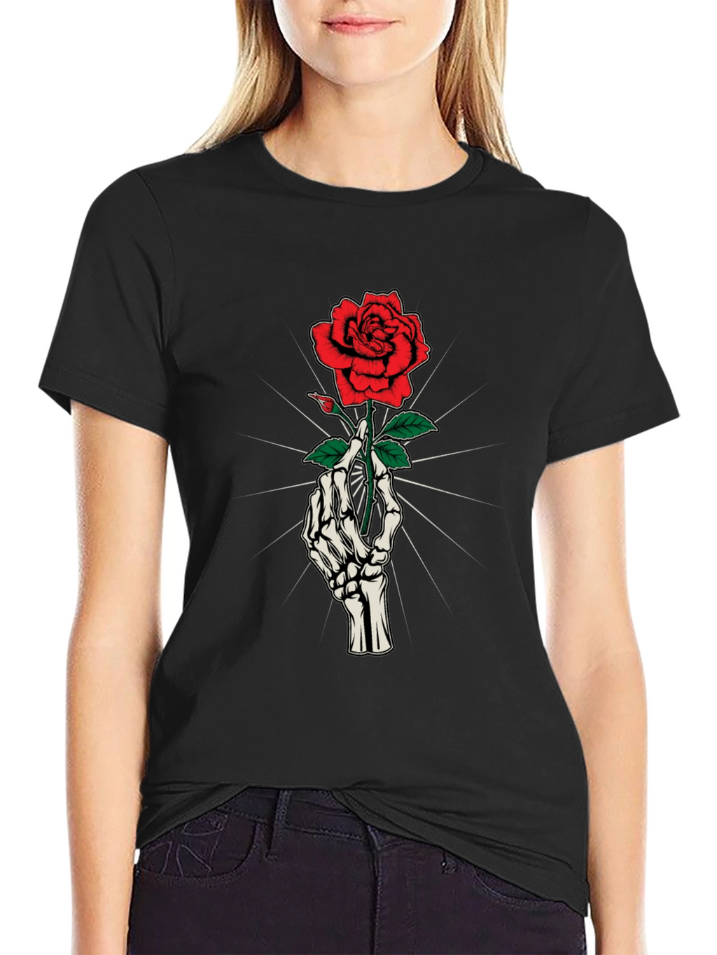 Skeleton Hand Holding Rose Graphic Tee