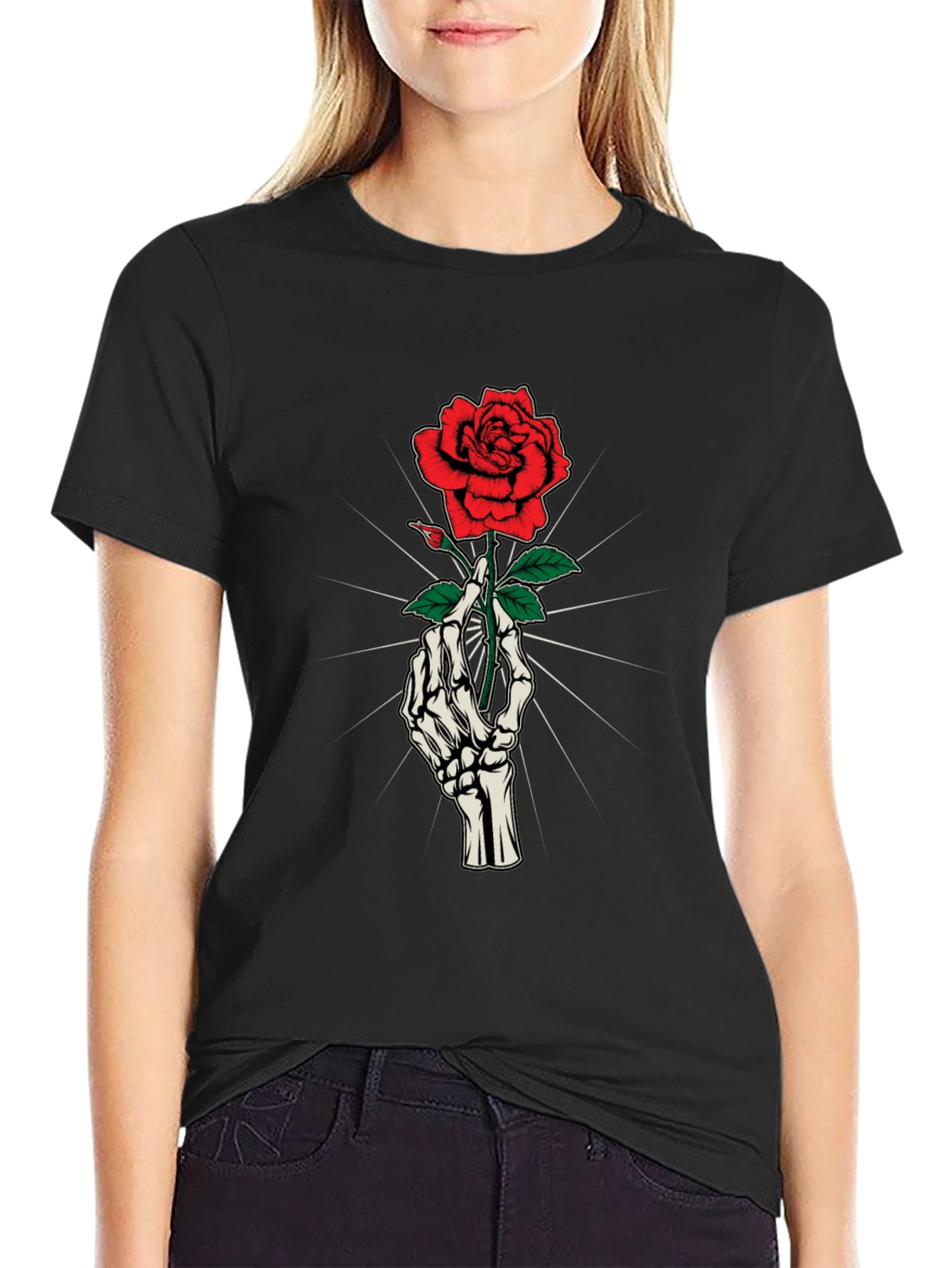 Skeleton Hand Holding Rose Graphic Tee