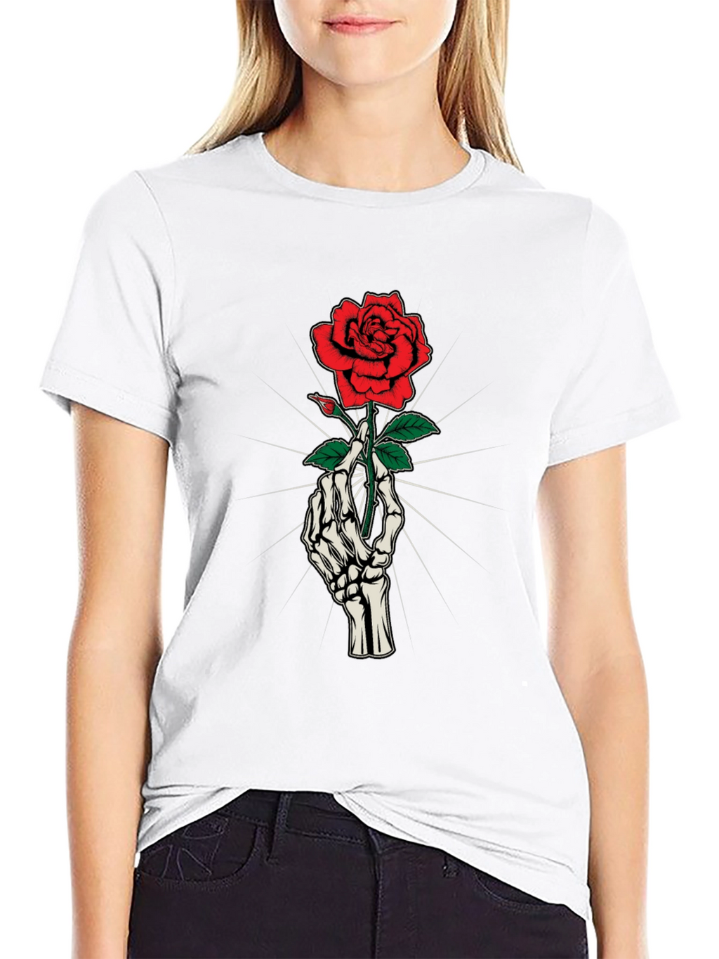 Skeleton Hand Holding Rose Graphic Tee