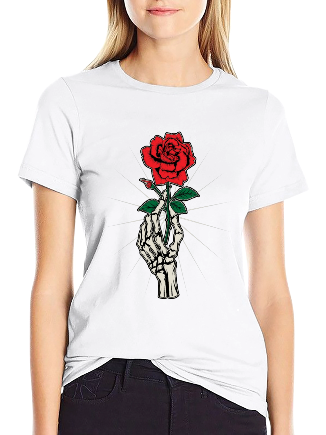 Skeleton Hand Holding Rose Graphic Tee