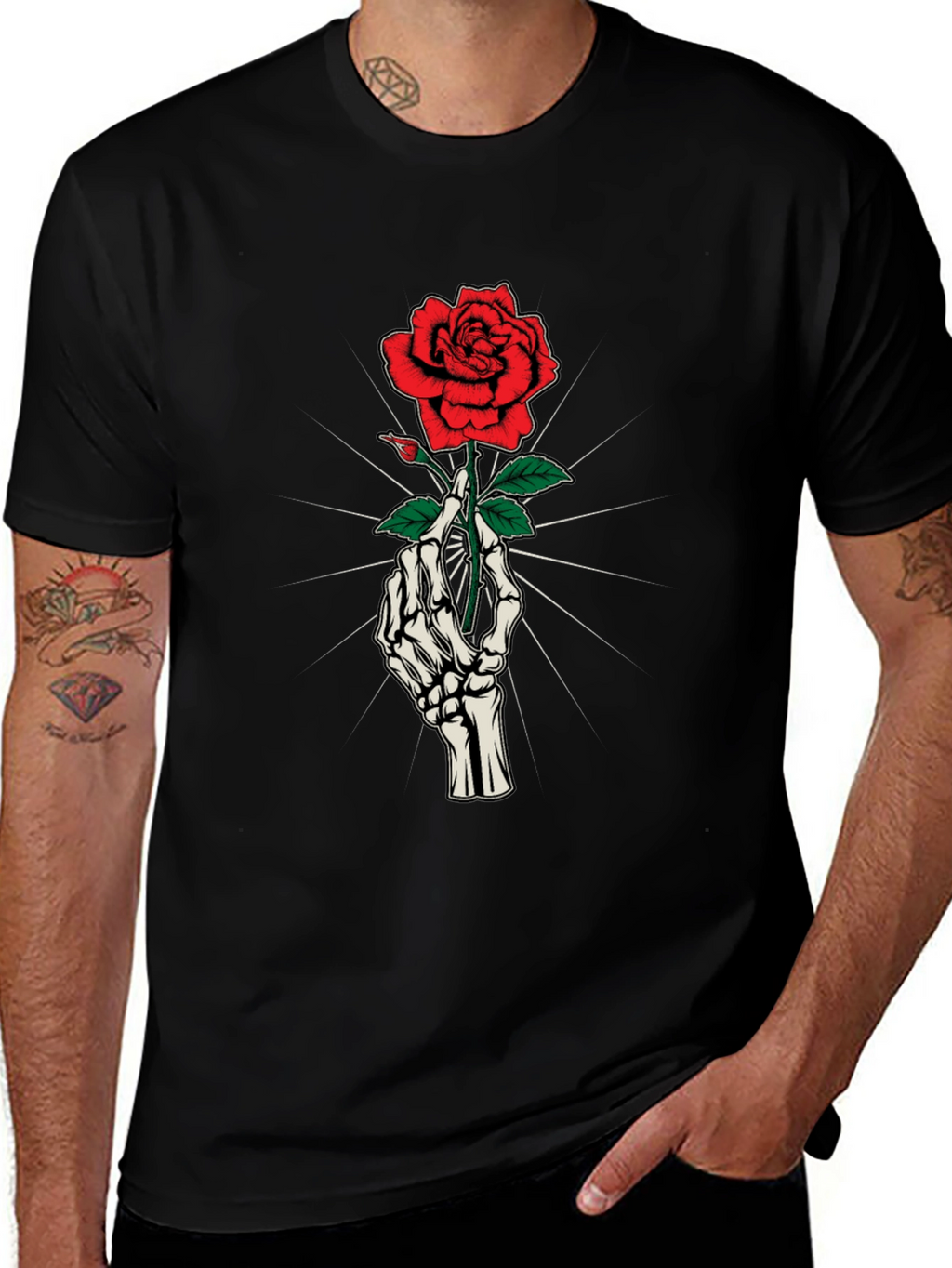 Skeleton Hand Holding Rose Graphic Tee