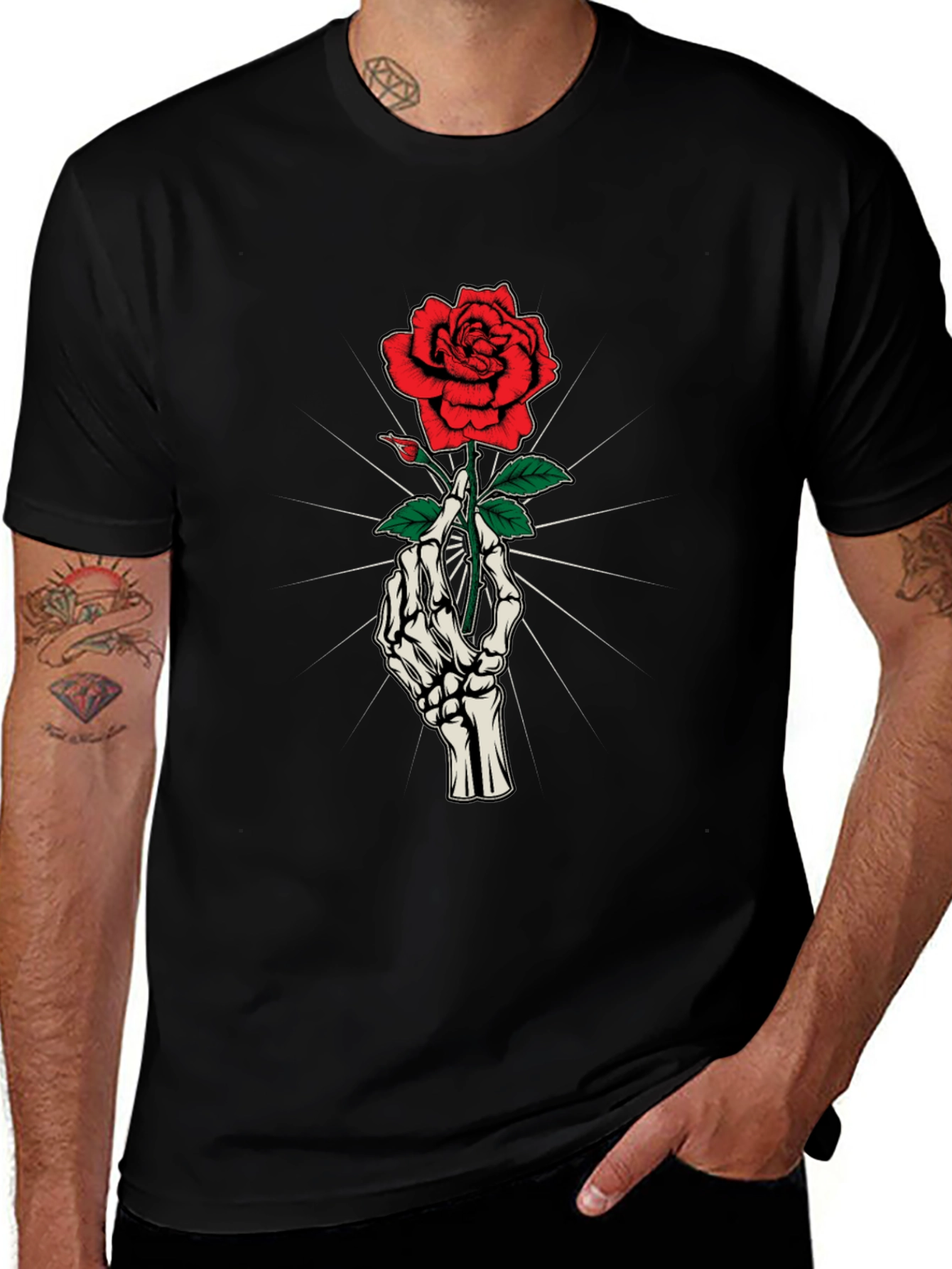 Skeleton Hand Holding Rose Graphic Tee