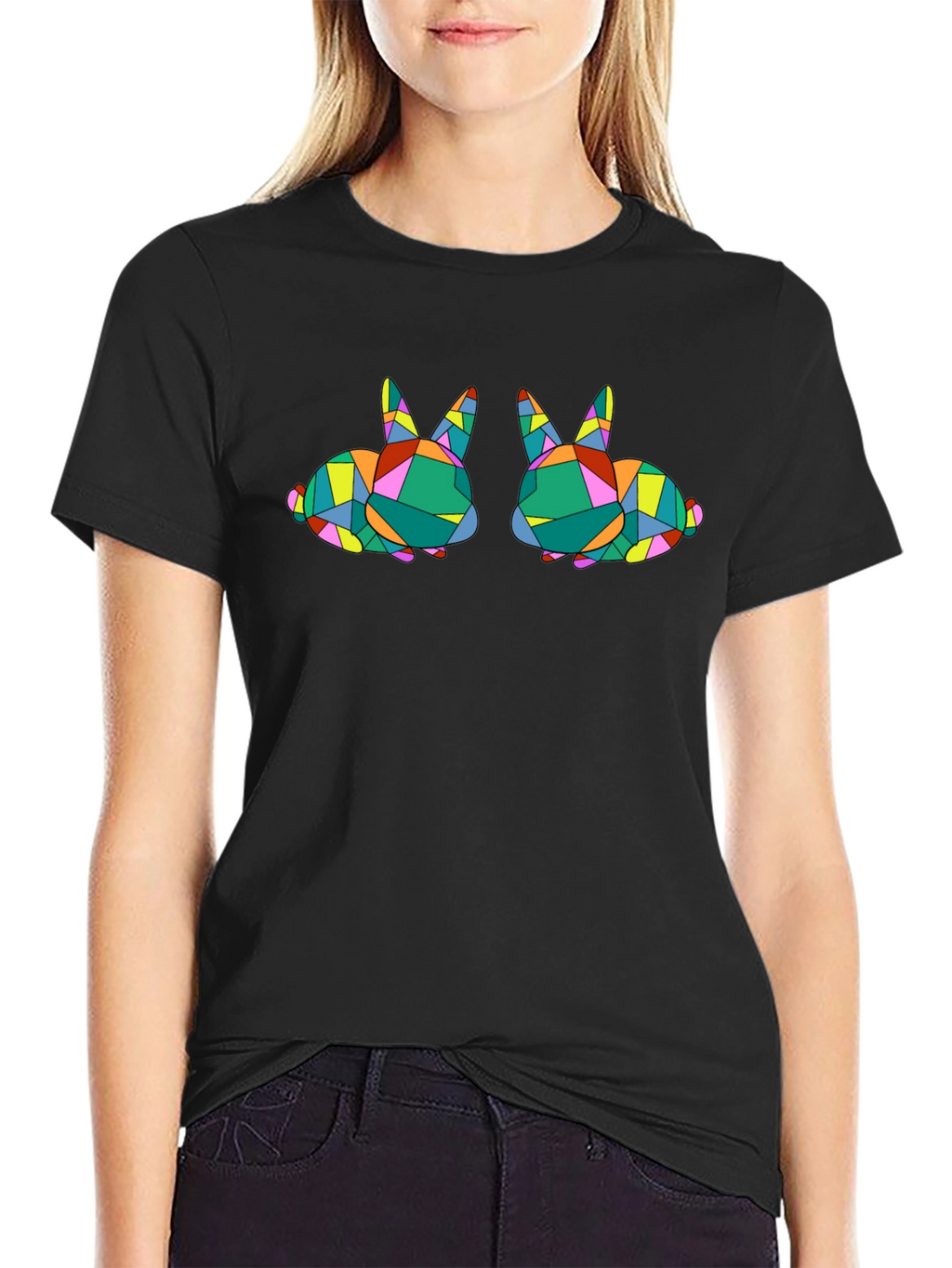 Geometric Bunny Graphic Tee - Stylish Black T-Shirt