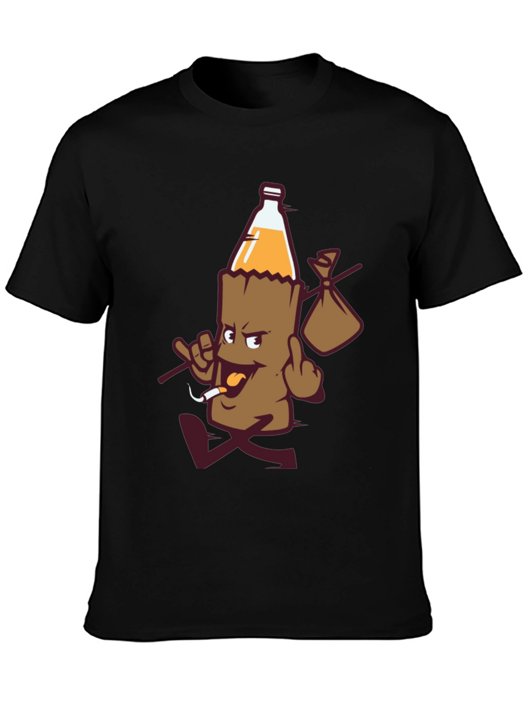 Novelty Cartoon Beer Bottle Run Black T-shirt